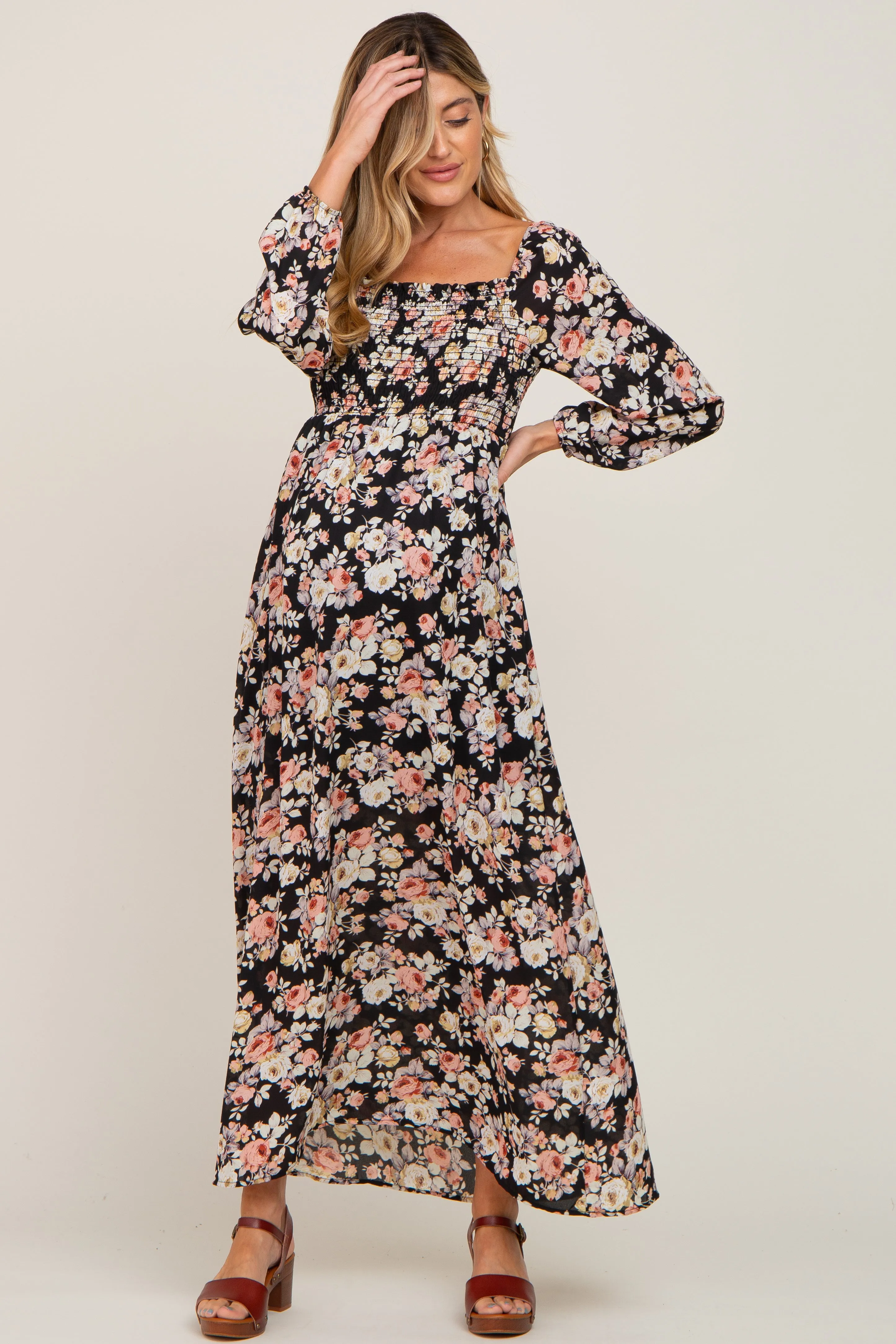 Black Floral Smocked Maternity Midi Dress sold by Pinkblush