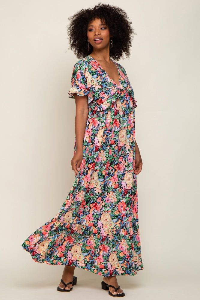 Black Multi-Color Floral Ruffle Maxi Dress sold by Pinkblush
