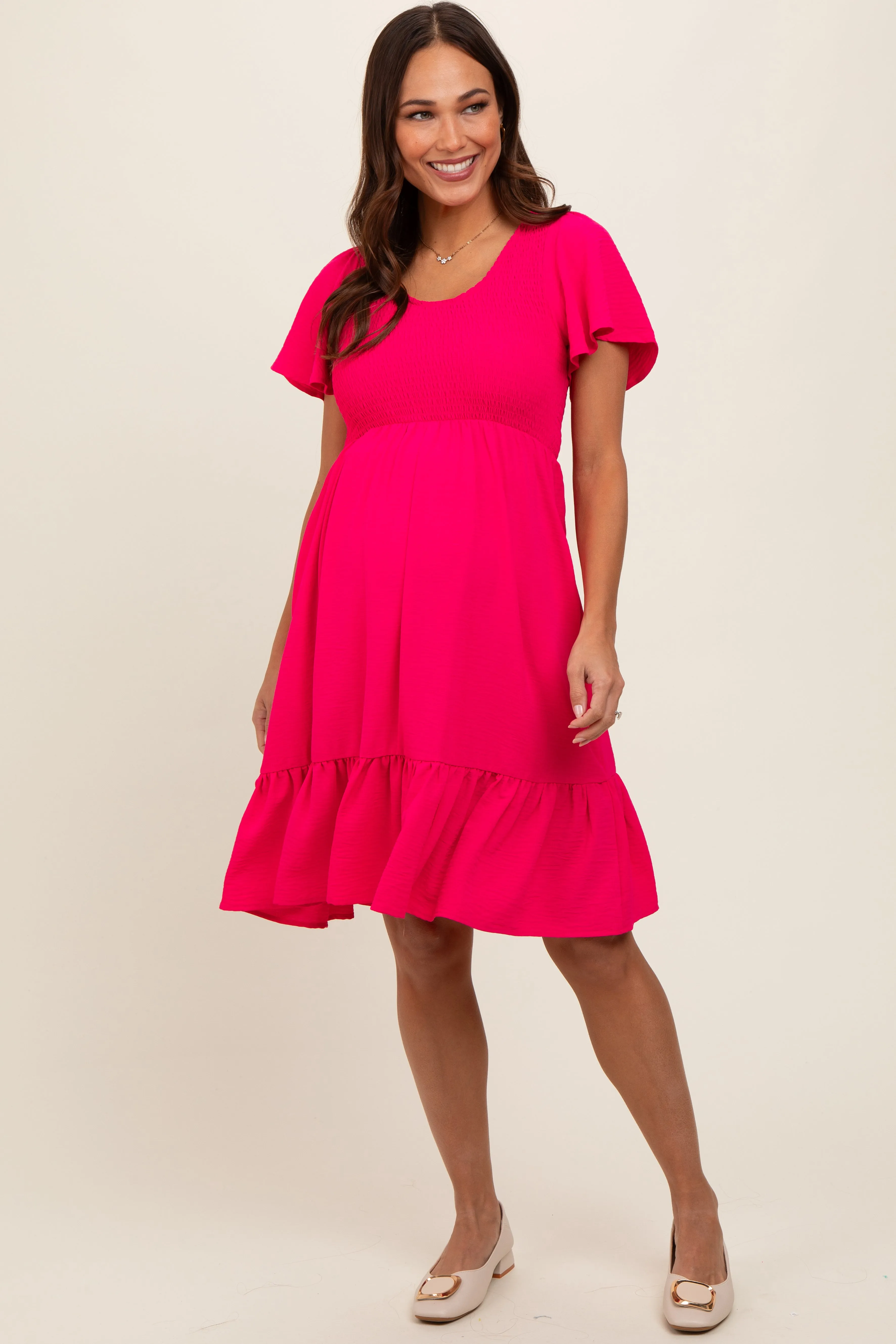 Fuchsia Smocked Ruffle Hem Maternity Dress sold by Pinkblush product image thumbnail 2