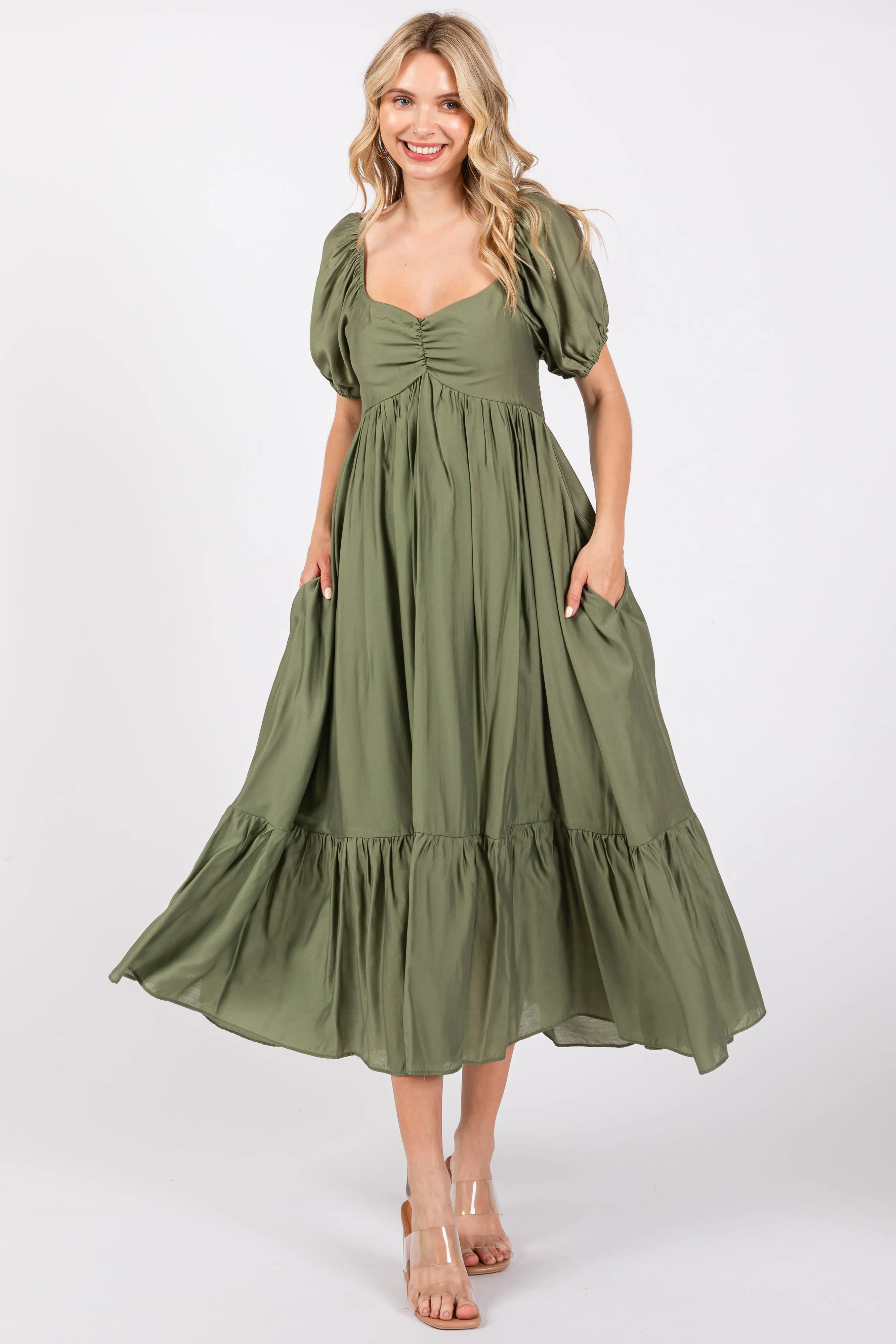 Olive Ruched Sweetheart Neck Tiered Midi Dress sold by Pinkblush