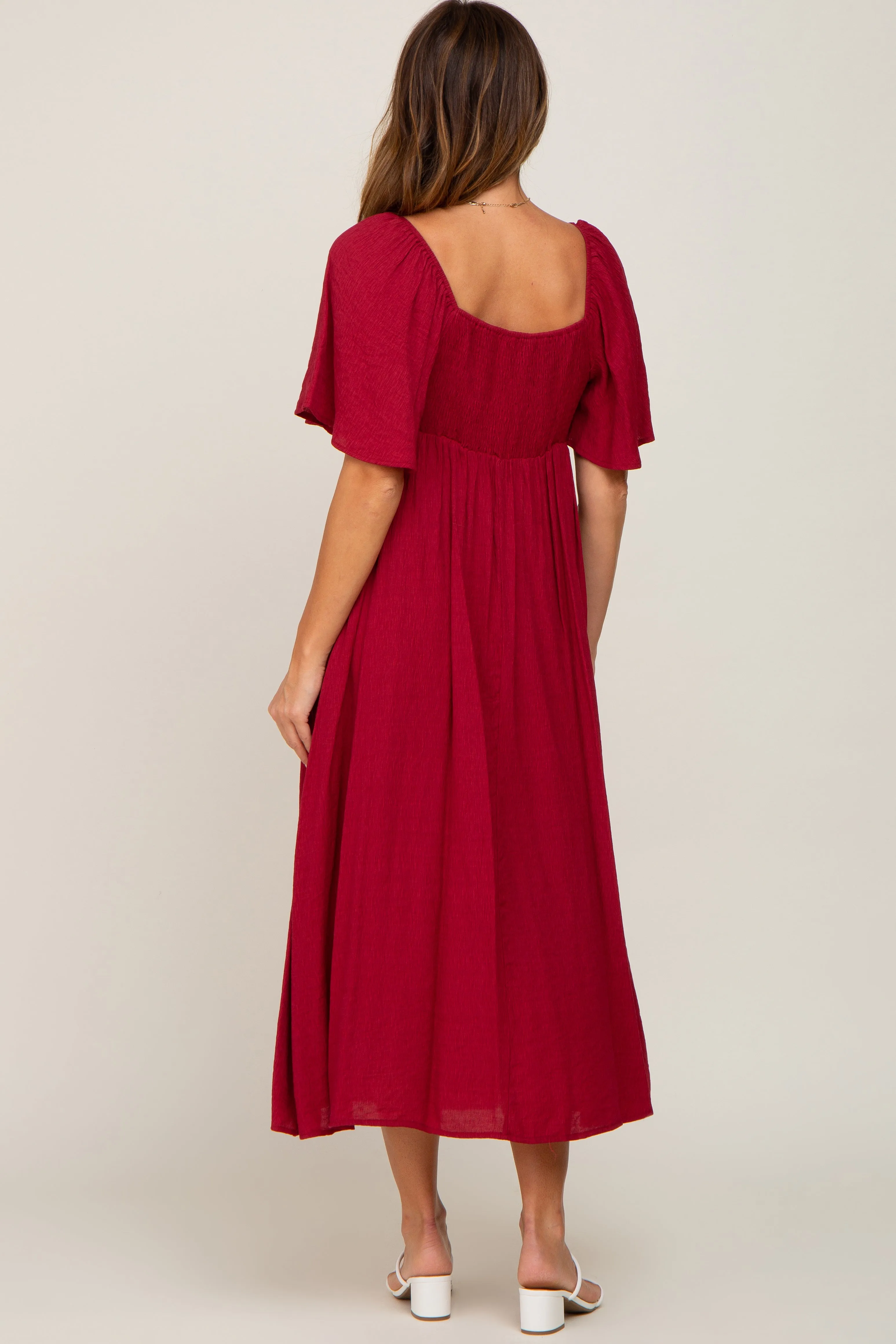 Burgundy Front Tie Ruffle Sleeve Midi Dress sold by Pinkblush product image thumbnail 3