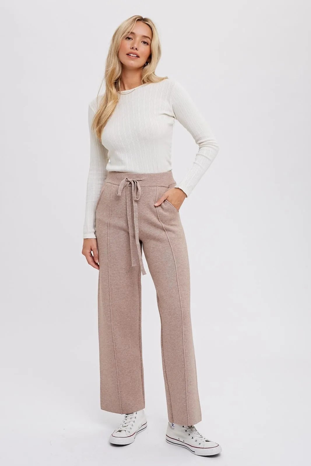 Taupe Front Seam Sweater Knit Drawstring Pants sold by Pinkblush