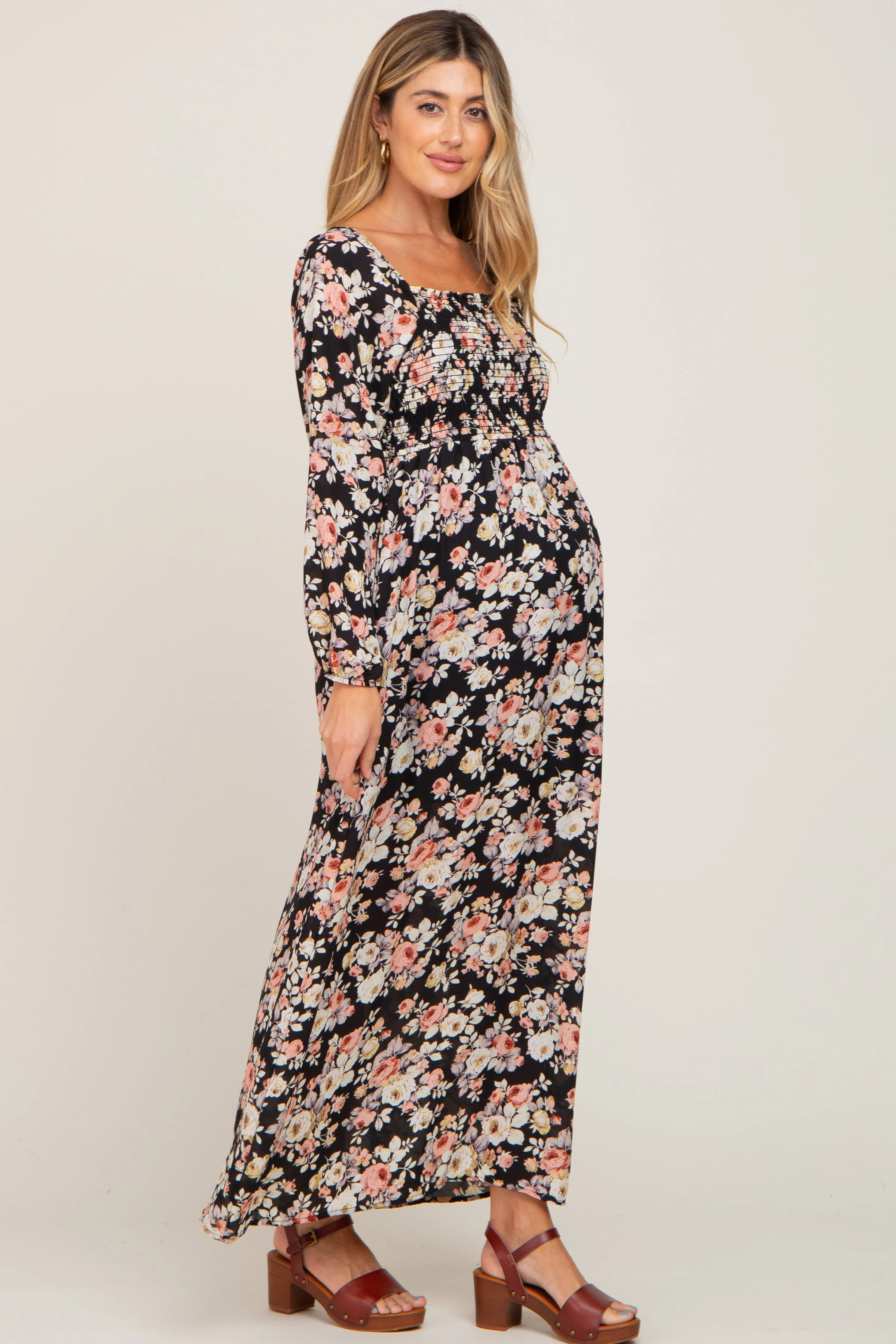 Black Floral Smocked Maternity Midi Dress sold by Pinkblush product image thumbnail 2