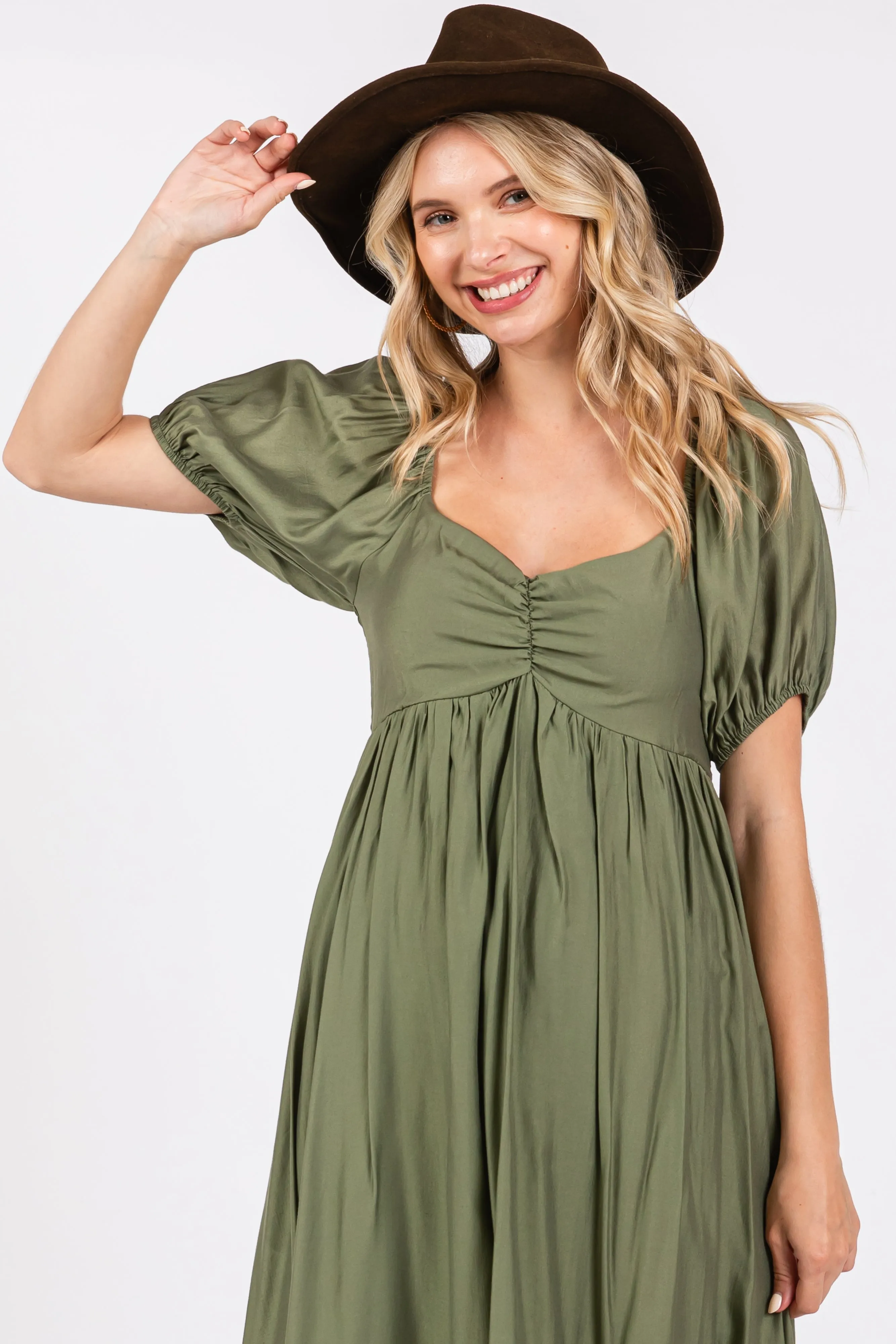 Olive Ruched Sweetheart Neck Tiered Midi Dress sold by Pinkblush product image thumbnail 5