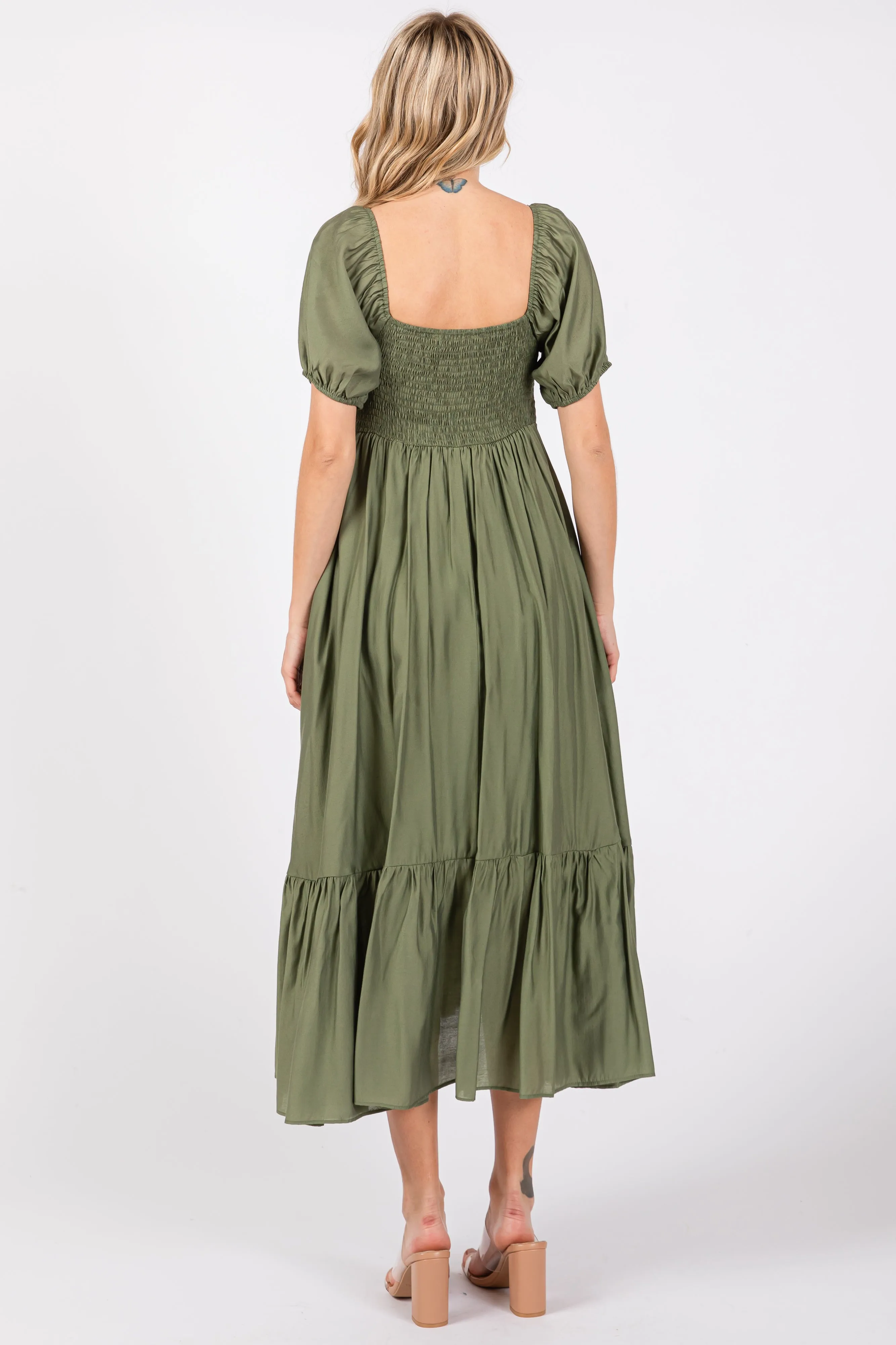 Olive Ruched Sweetheart Neck Tiered Midi Dress sold by Pinkblush product image thumbnail 3