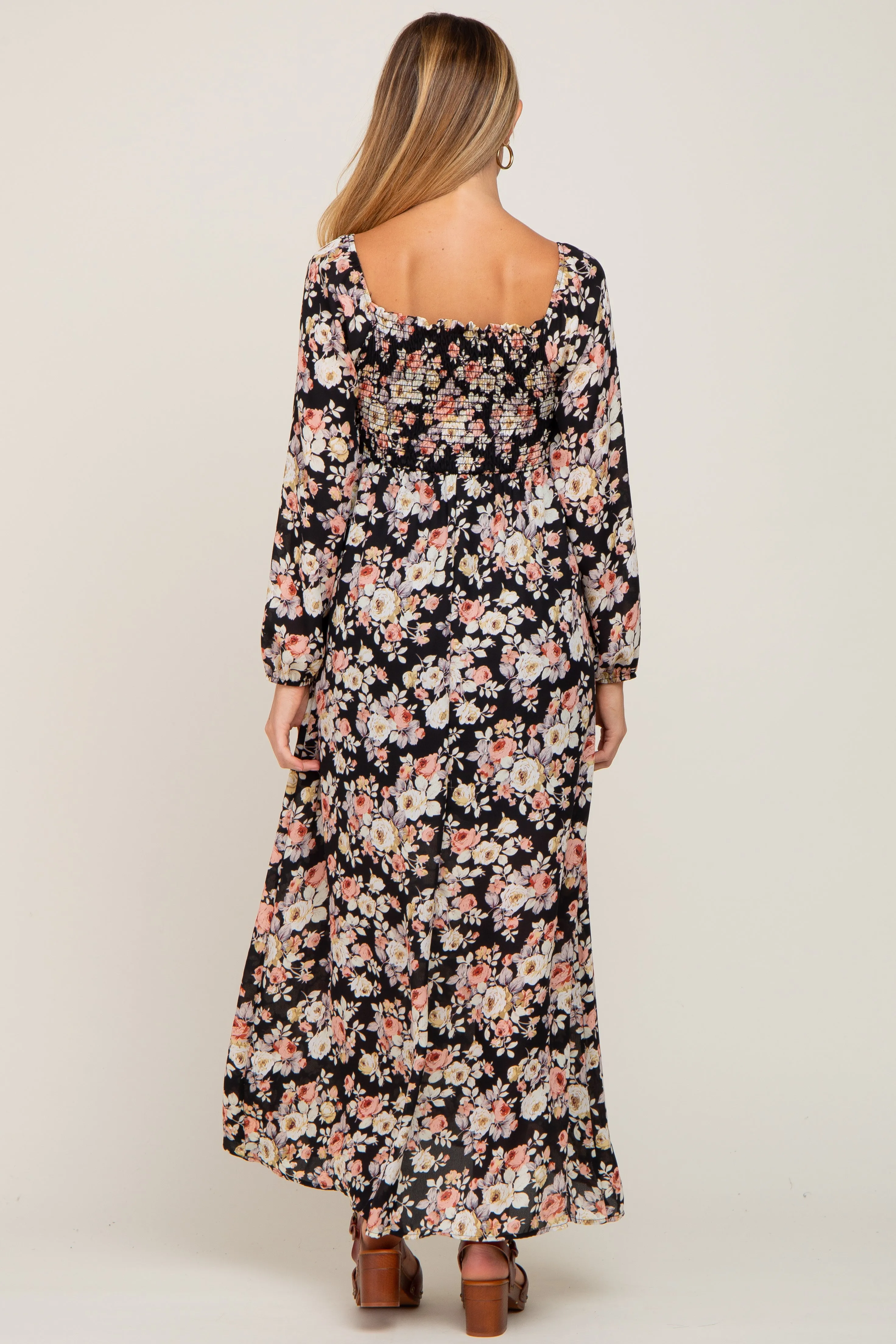 Black Floral Smocked Maternity Midi Dress sold by Pinkblush product image thumbnail 3