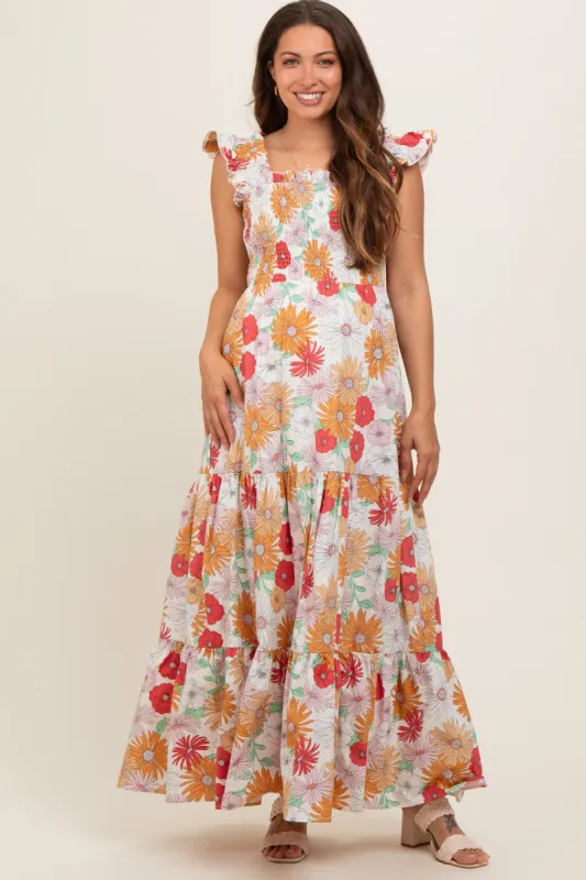 Ivory Floral Smocked Tiered Maternity Maxi Dress sold by Pinkblush