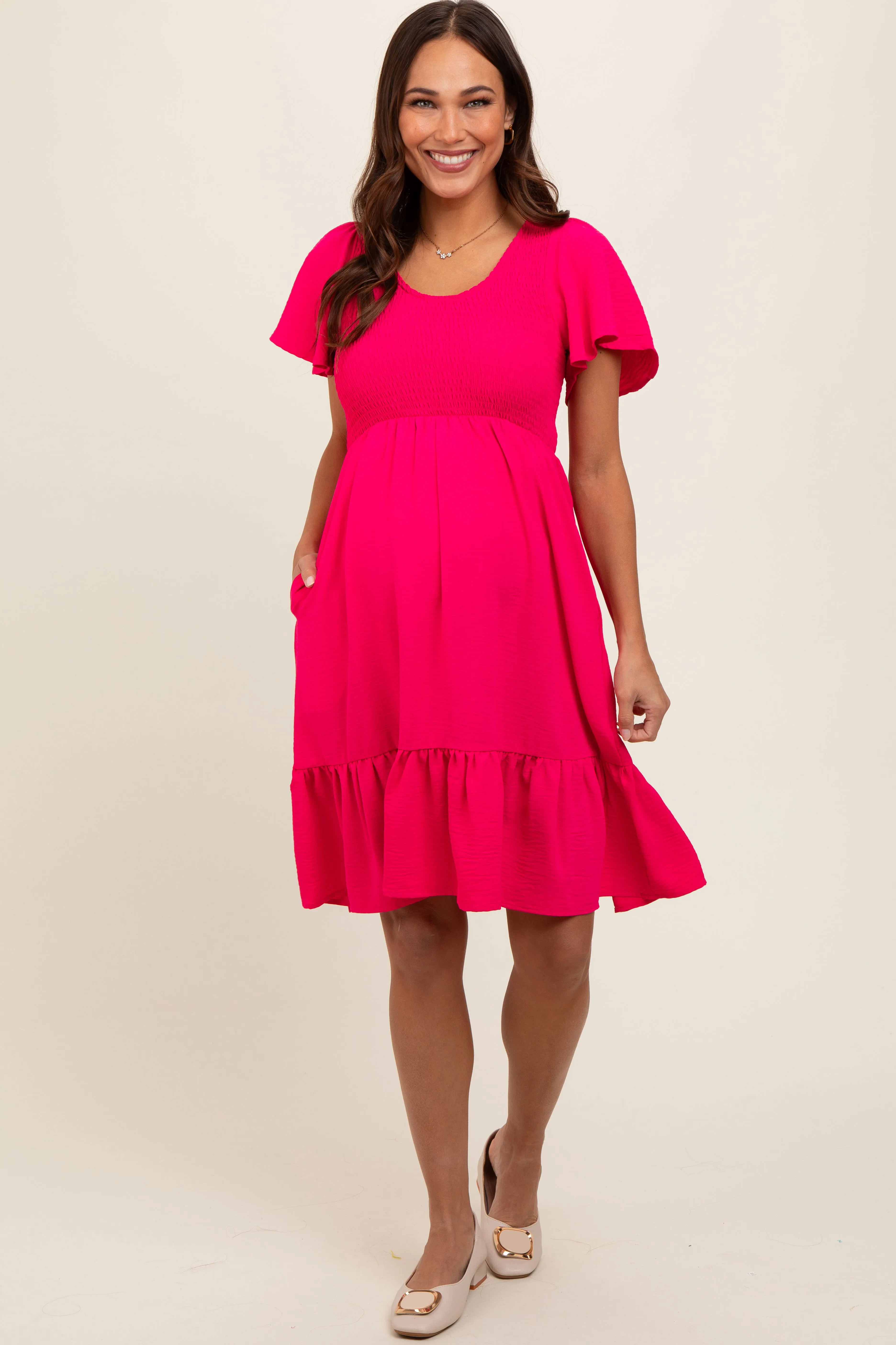 Fuchsia Smocked Ruffle Hem Maternity Dress sold by Pinkblush