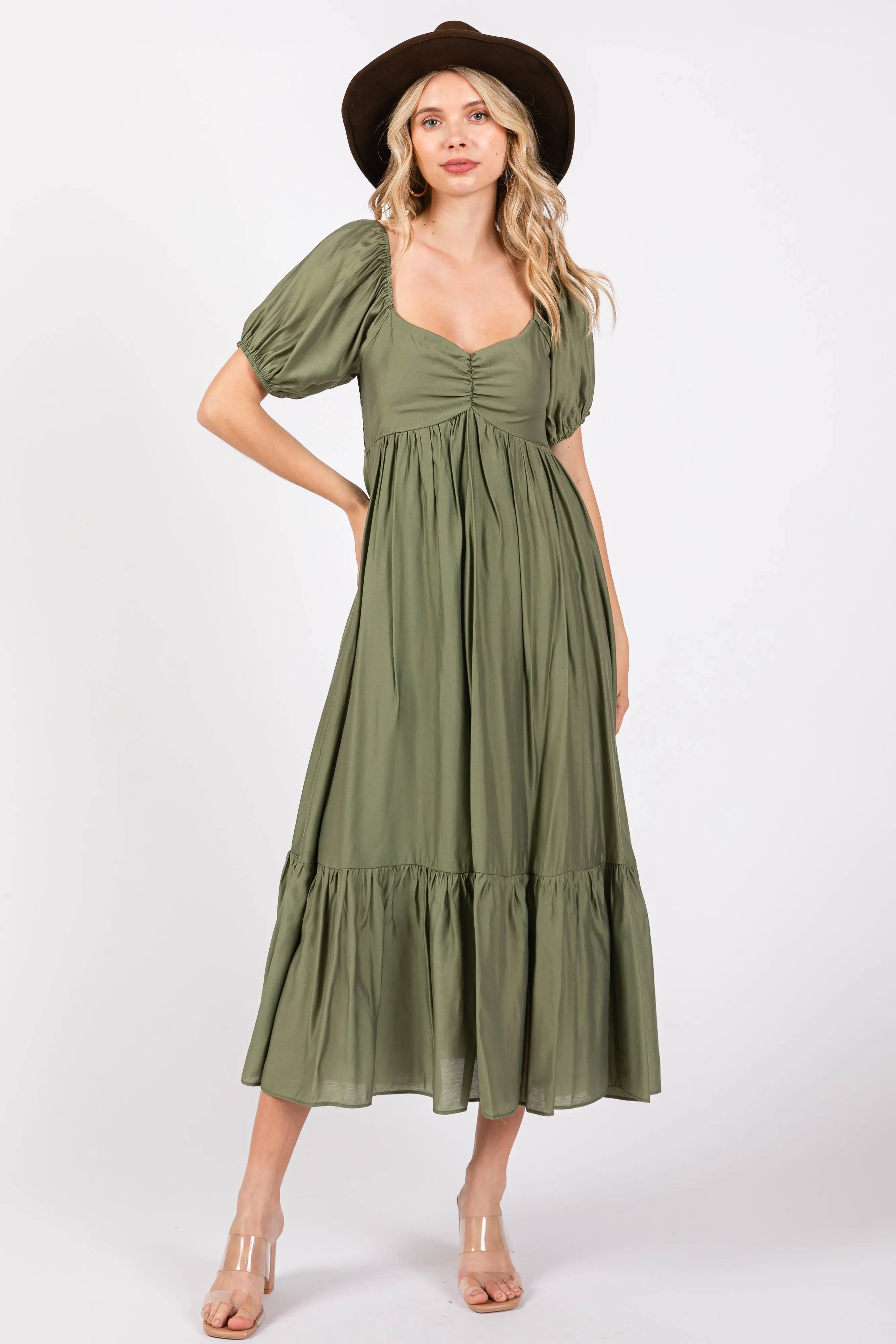 Olive Ruched Sweetheart Neck Tiered Midi Dress sold by Pinkblush product image thumbnail 4