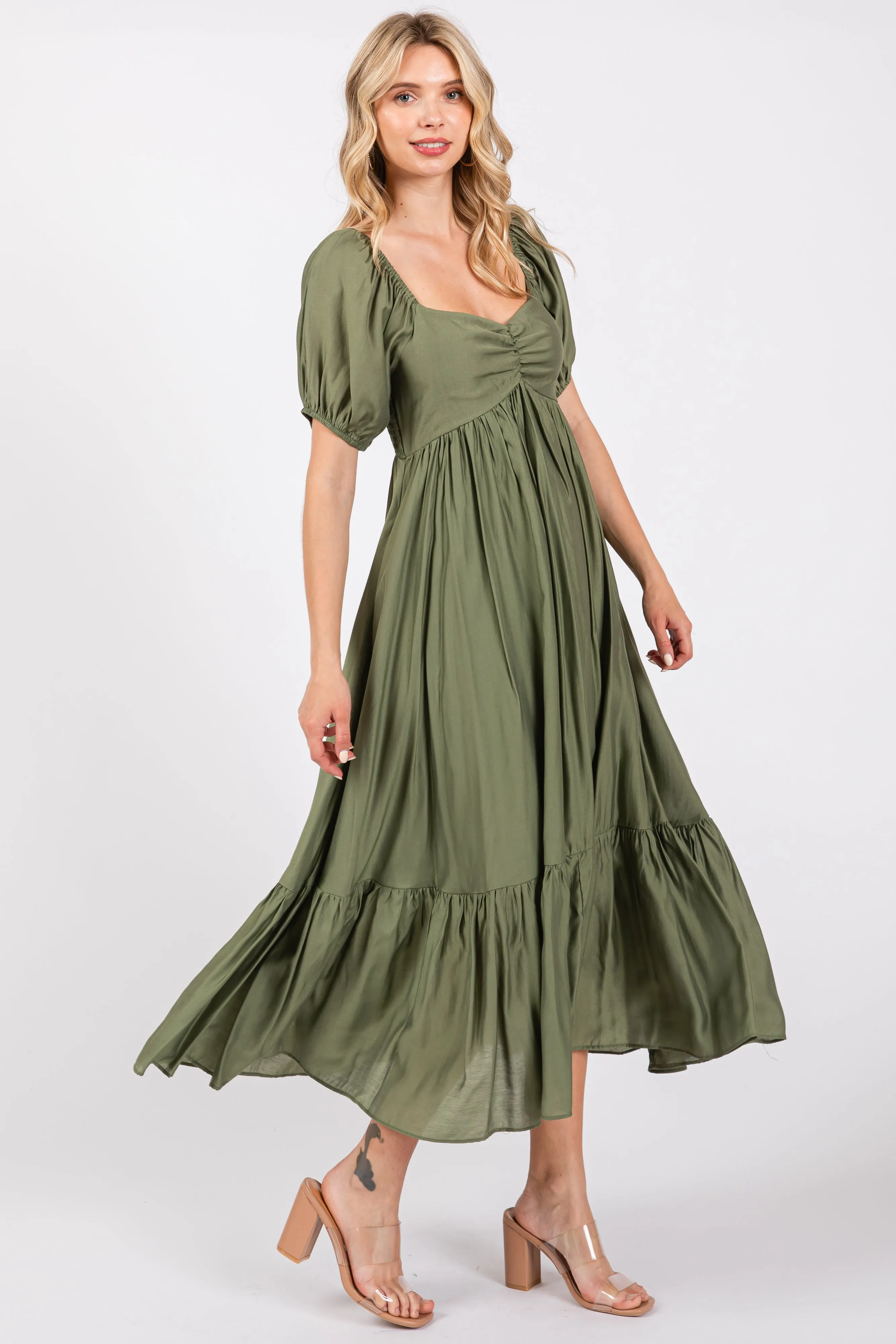 Olive Ruched Sweetheart Neck Tiered Midi Dress sold by Pinkblush product image thumbnail 2