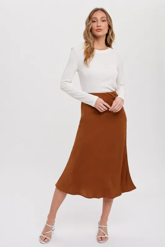 Camel Satin Midi Skirt sold by Pinkblush