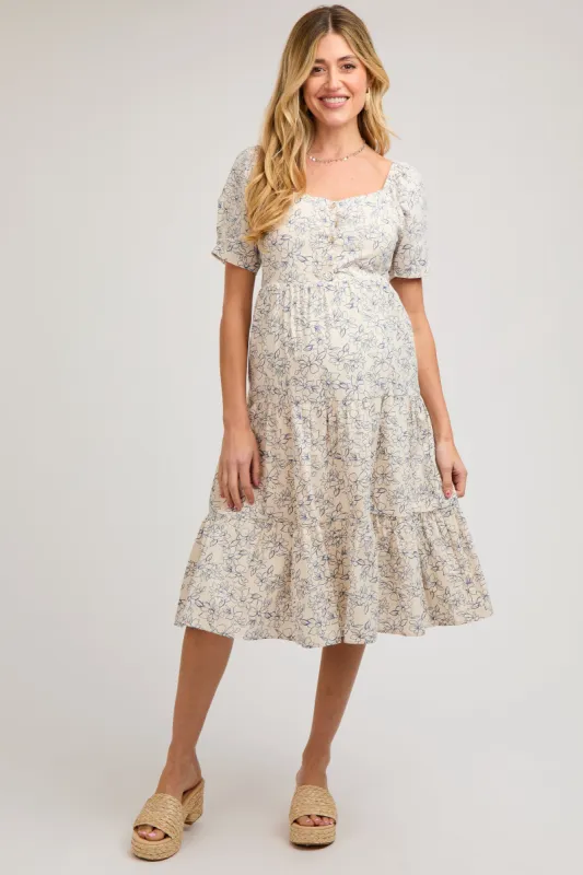 Blue Floral Square Neck Tiered Maternity Midi Dress sold by Pinkblush