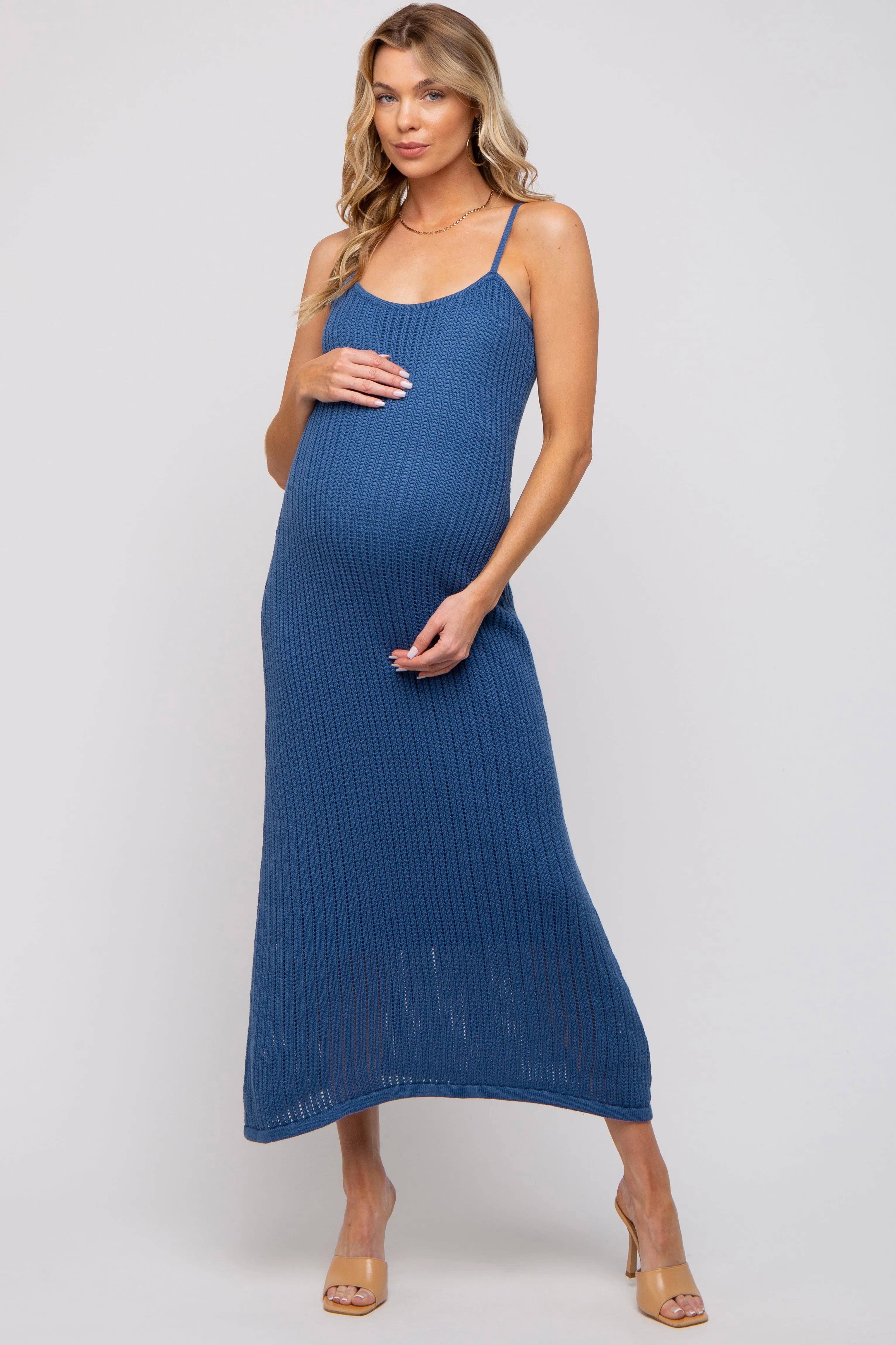 Navy Open Knit Crochet Maternity Midi Dress sold by Pinkblush