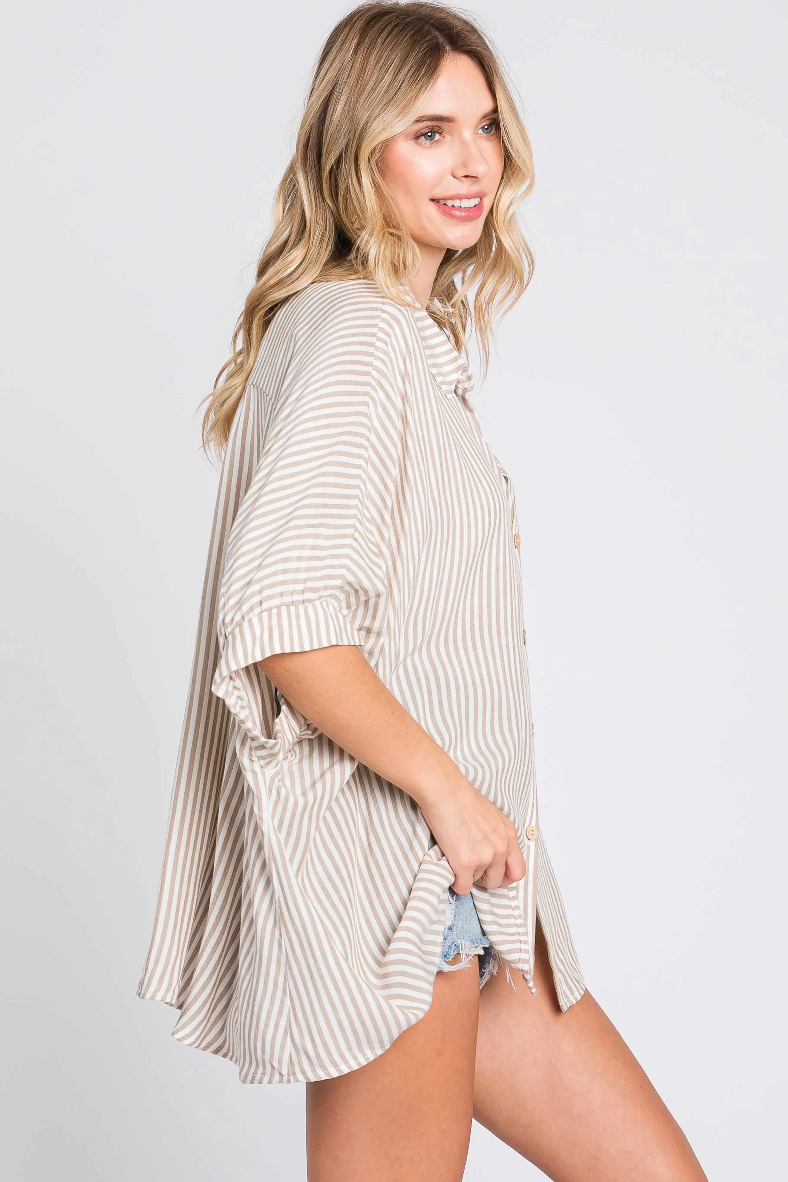 Taupe Striped Button Up Dolman Top sold by Pinkblush product image thumbnail 2