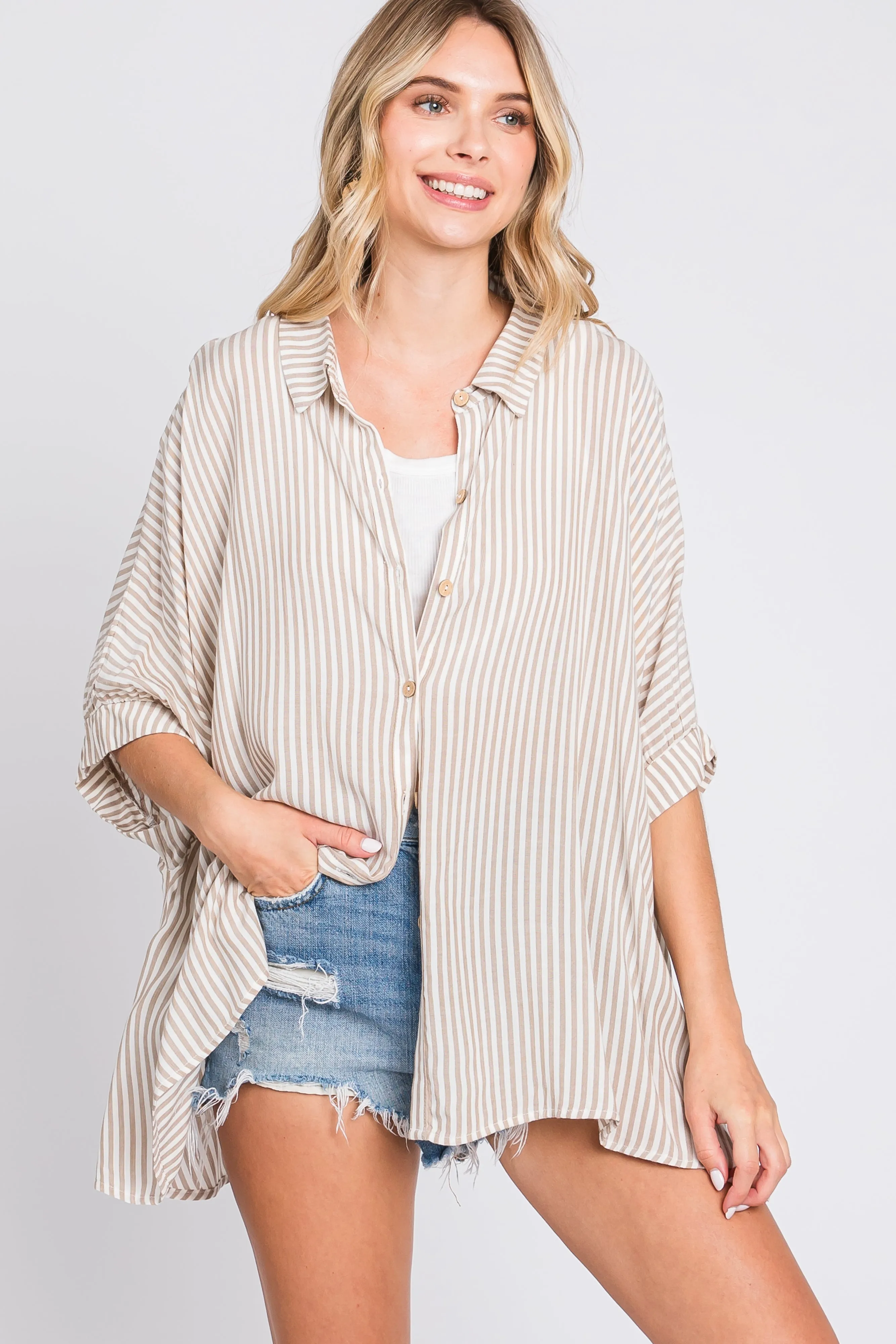 Taupe Striped Button Up Dolman Top sold by Pinkblush