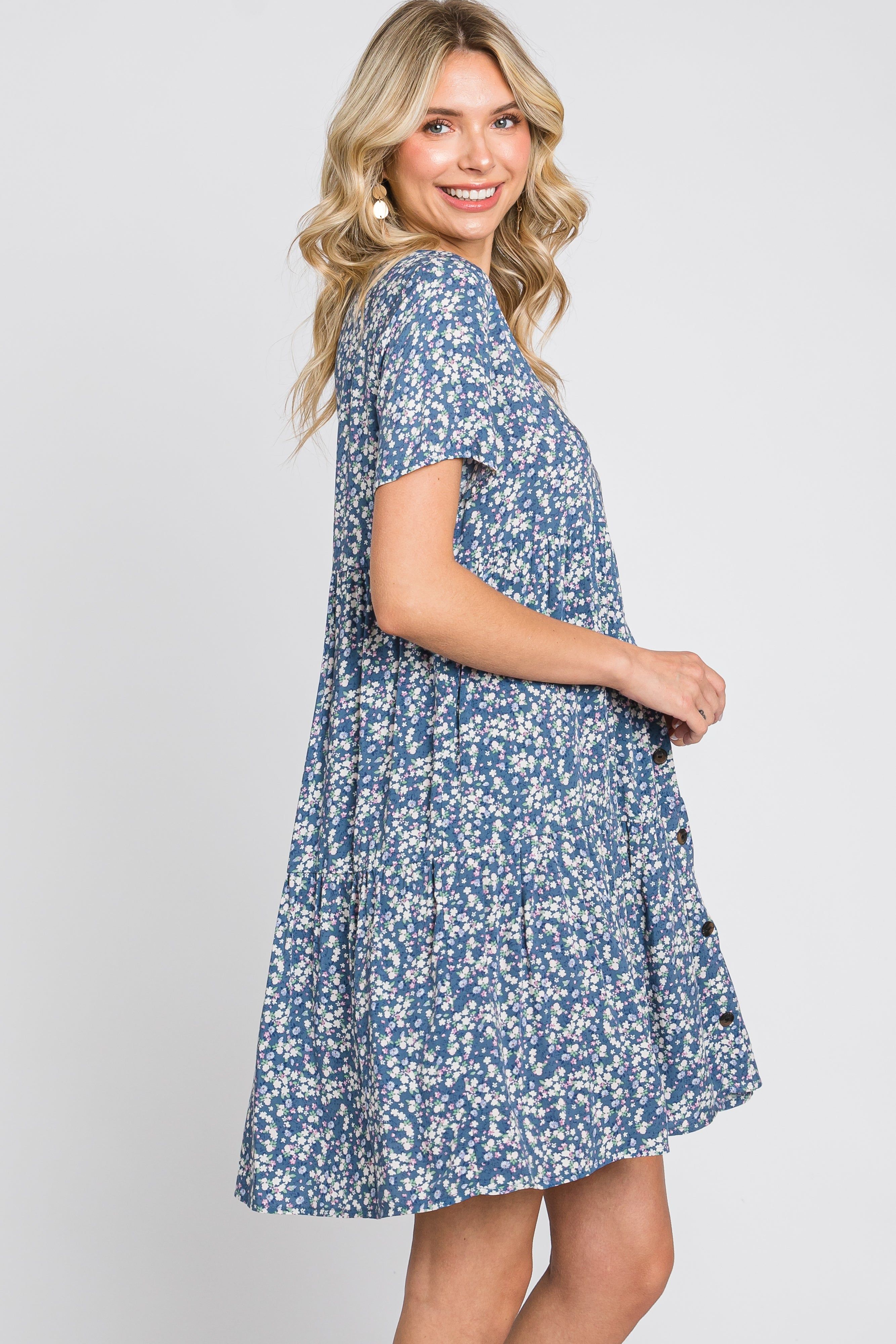 Blue Floral Tiered Button Accent Dress sold by Pinkblush product image thumbnail 2