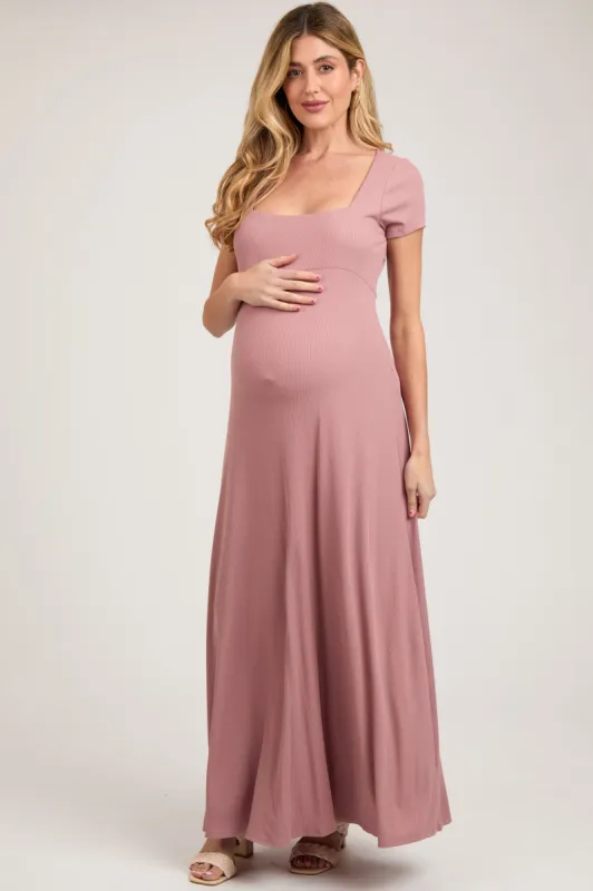 Mauve Ribbed Square Neck Short Sleeve Maternity Maxi Dress sold by Pinkblush
