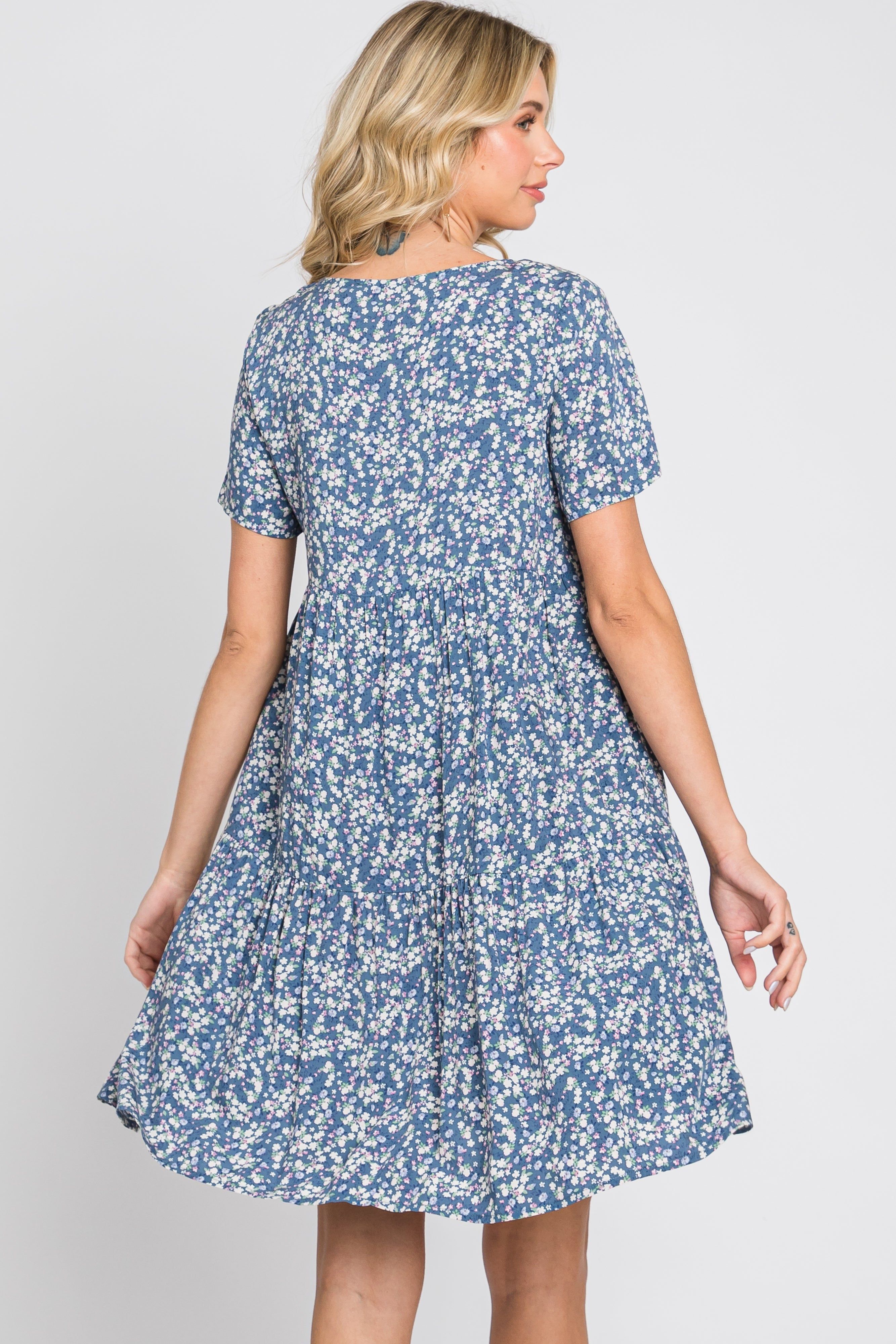 Blue Floral Tiered Button Accent Dress sold by Pinkblush product image thumbnail 3