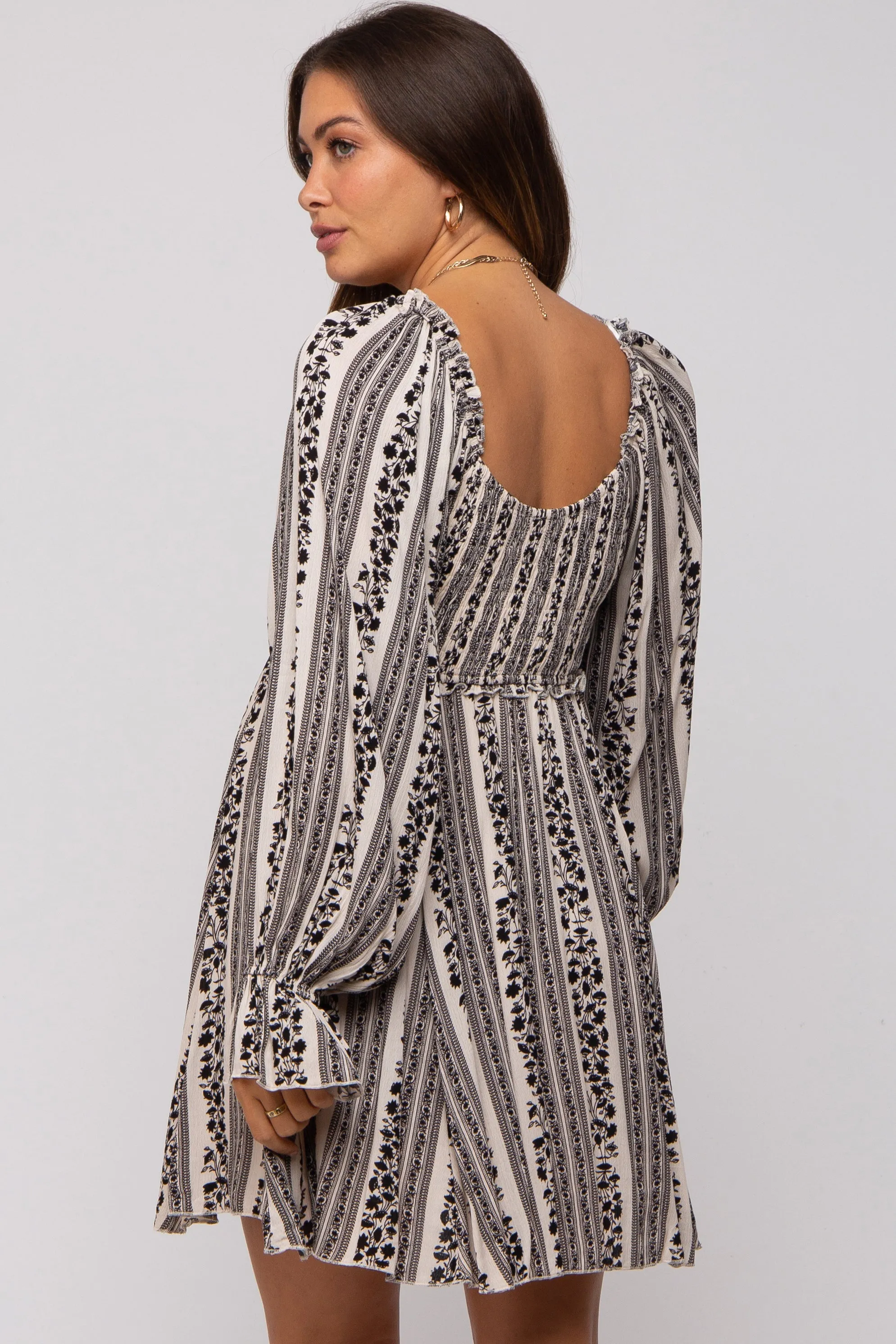 Black Floral Stripe Smocked Long Sleeve Maternity Dress sold by Pinkblush product image thumbnail 4