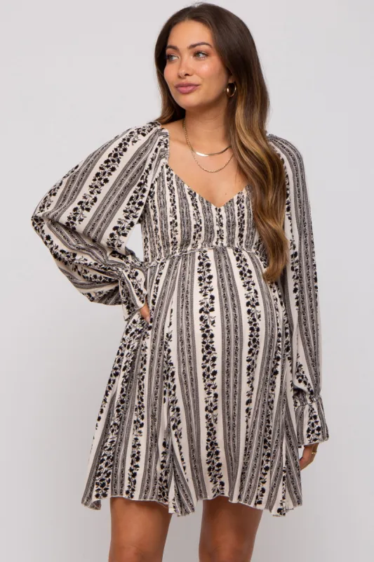Black Floral Stripe Smocked Long Sleeve Maternity Dress sold by Pinkblush
