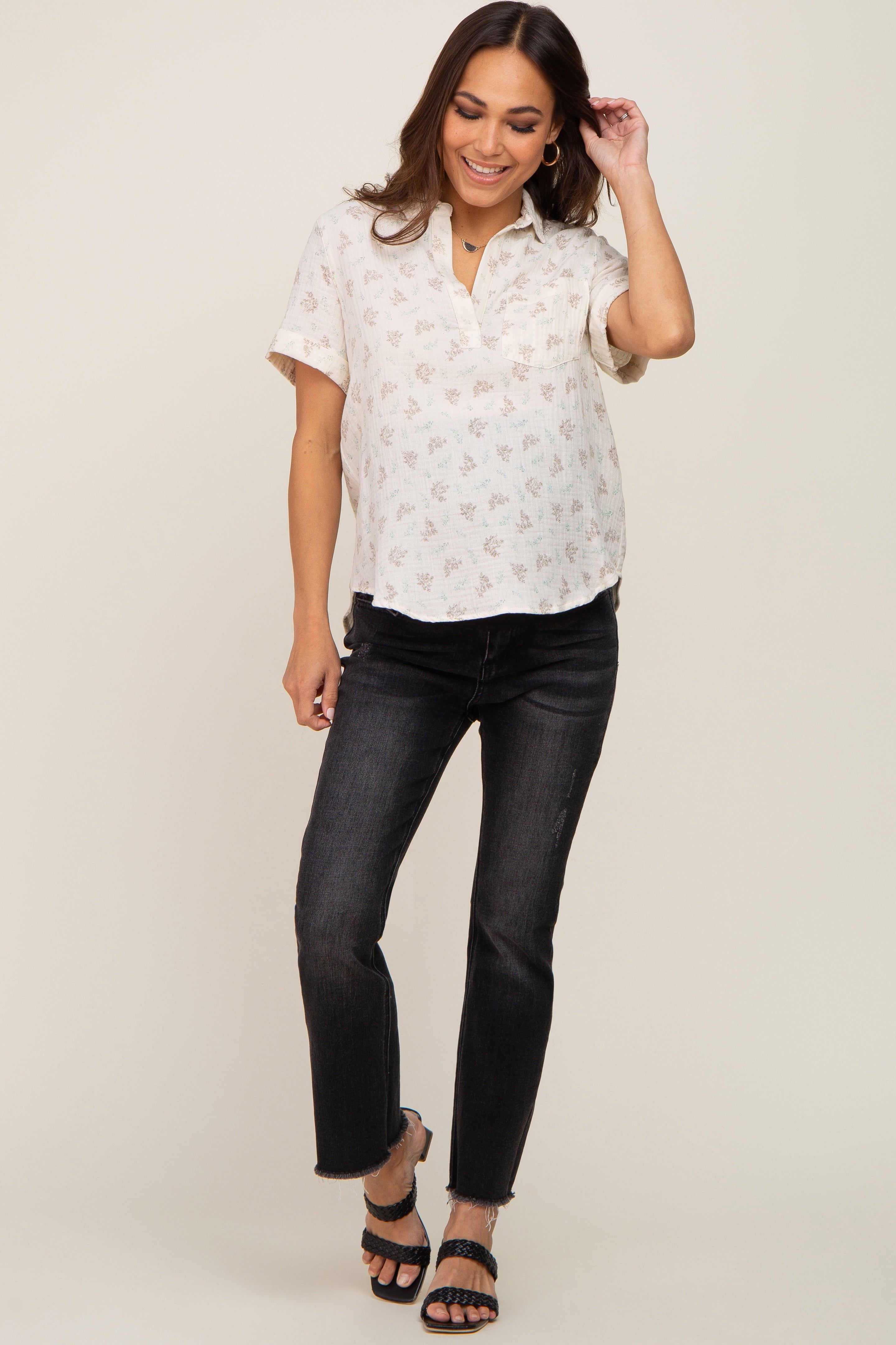 Cream Floral Gauze Short Sleeve Maternity Top sold by Pinkblush product image thumbnail 4