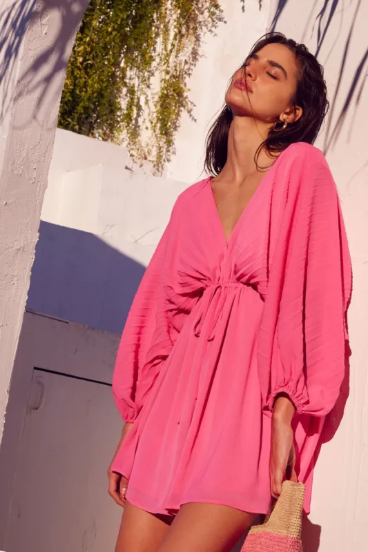 Bubble Gum Solid Deep V Neck Chiffon Bishop Sleeve Mini Dress sold by Pinkblush