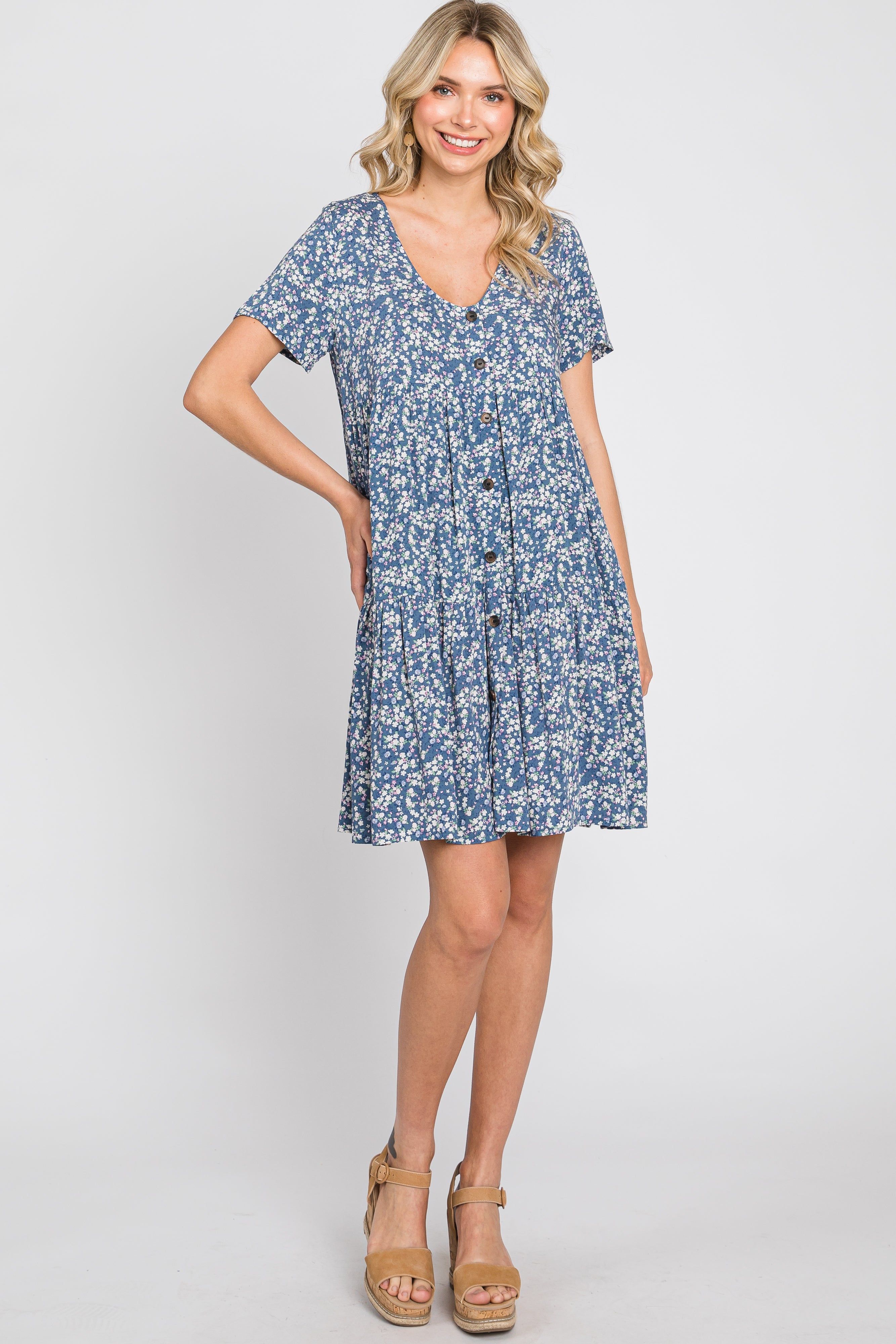 Blue Floral Tiered Button Accent Dress sold by Pinkblush product image thumbnail 4
