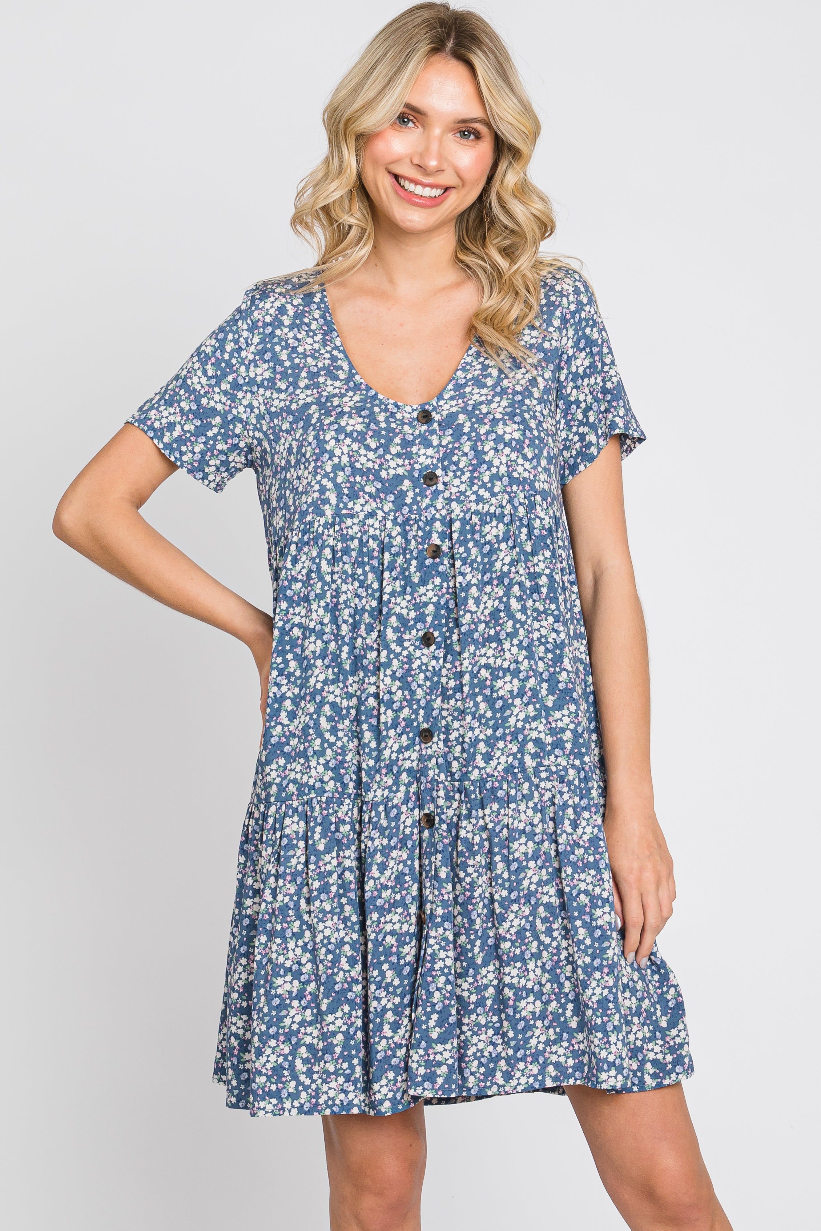 Blue Floral Tiered Button Accent Dress sold by Pinkblush