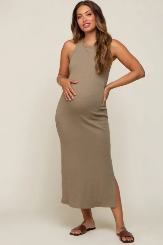 Olive Ribbed Fitted Maternity Midi Dress sold by Pinkblush