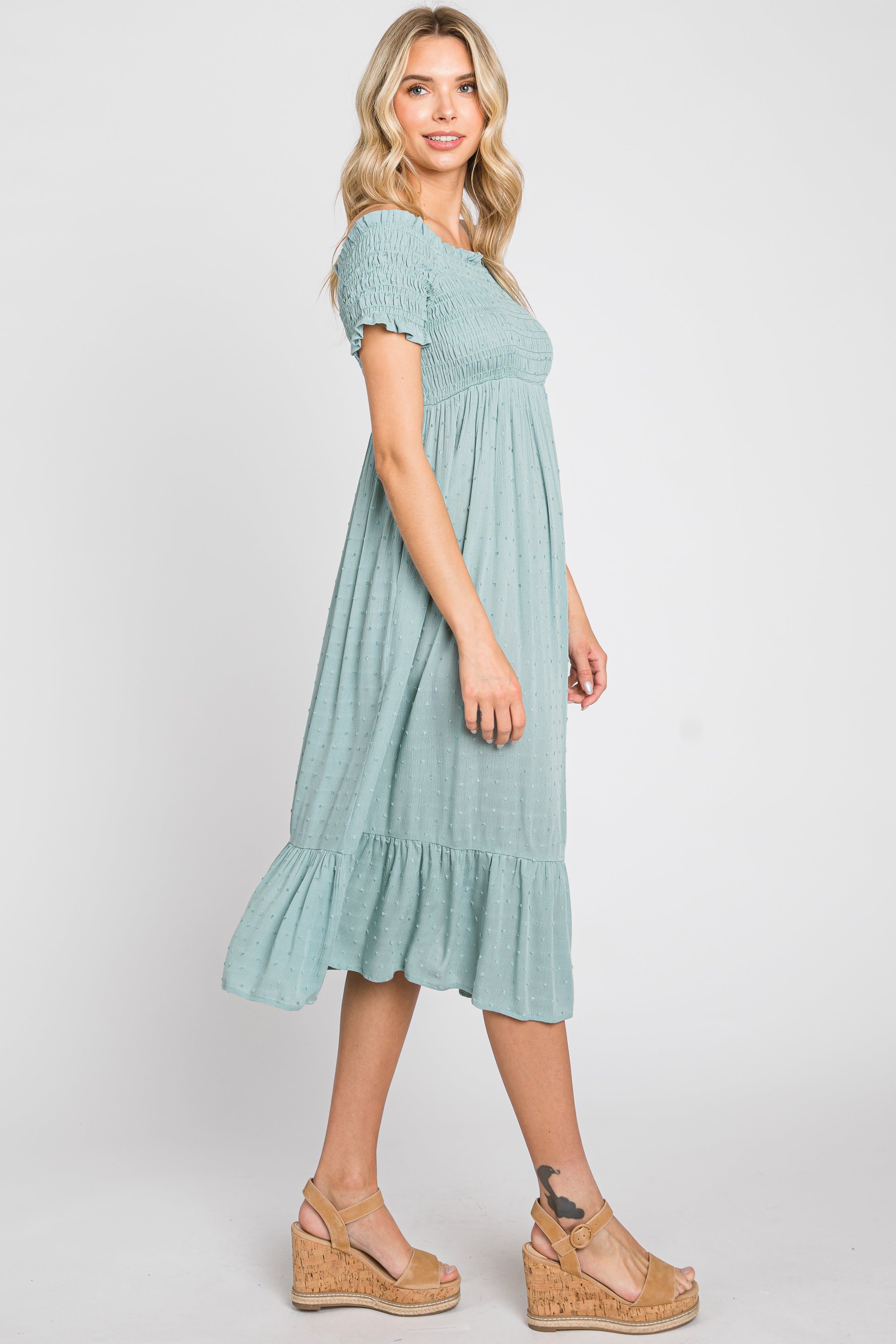Sage Off Shoulder Smocked Midi Dress sold by Pinkblush product image thumbnail 2