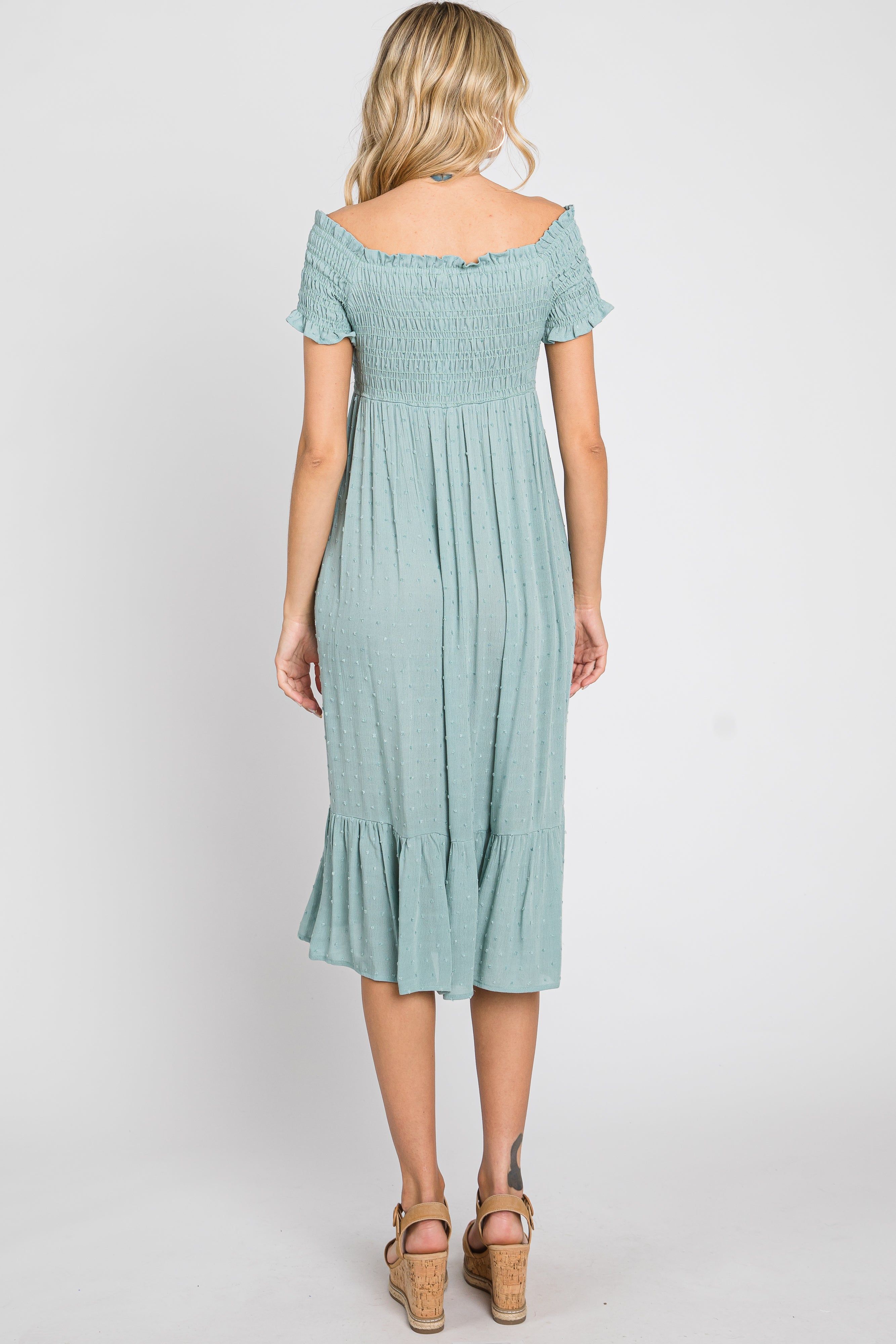 Sage Off Shoulder Smocked Midi Dress sold by Pinkblush product image thumbnail 3
