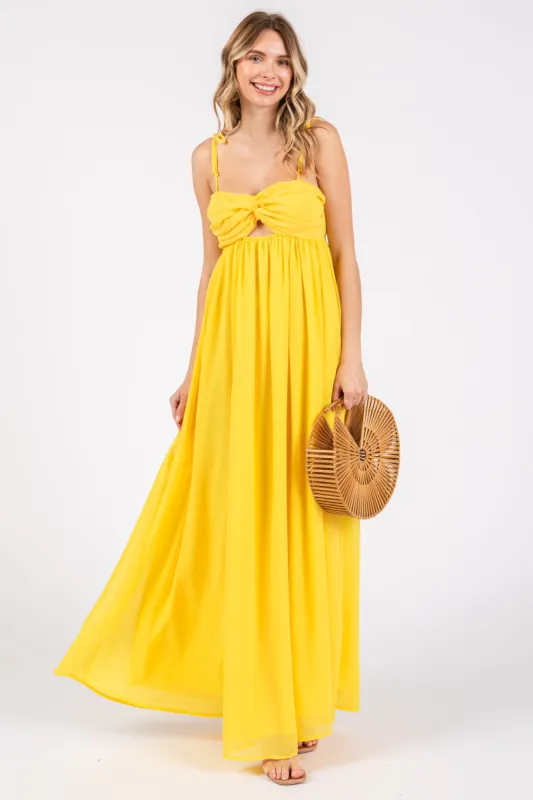Yellow Chiffon Sleeveless Cutout Front Maxi Dress sold by Pinkblush