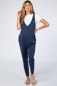 Navy V-Neck Maternity Jumpsuit sold by Pinkblush