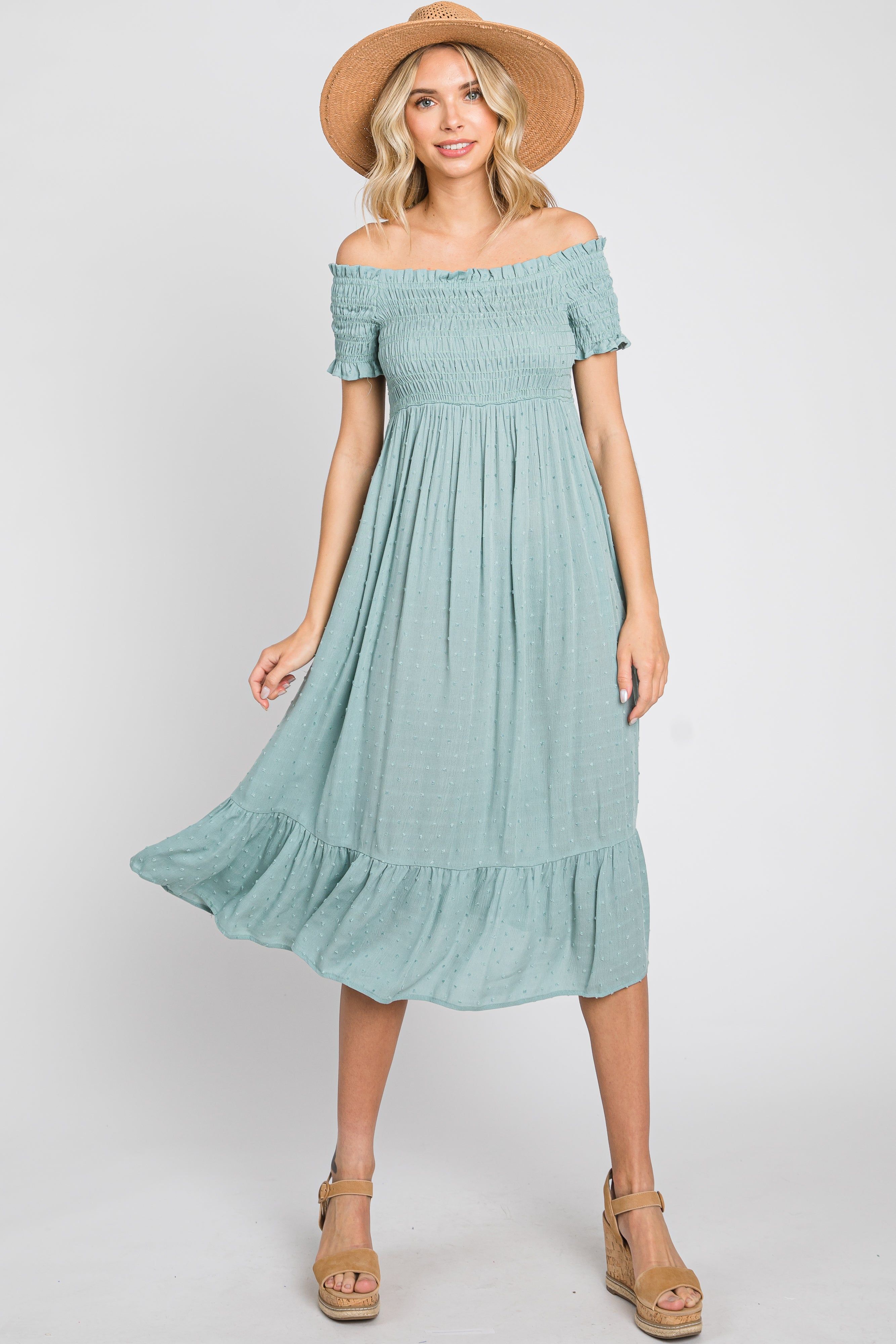 Sage Off Shoulder Smocked Midi Dress sold by Pinkblush