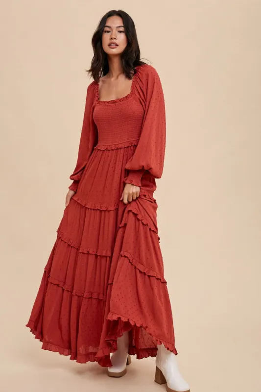 Rust Swiss Dot Ruffle Accent Tiered Maxi Dress sold by Pinkblush