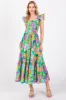 Green Floral Ruffle Shoulder Smocked Maternity Midi Dress sold by Pinkblush