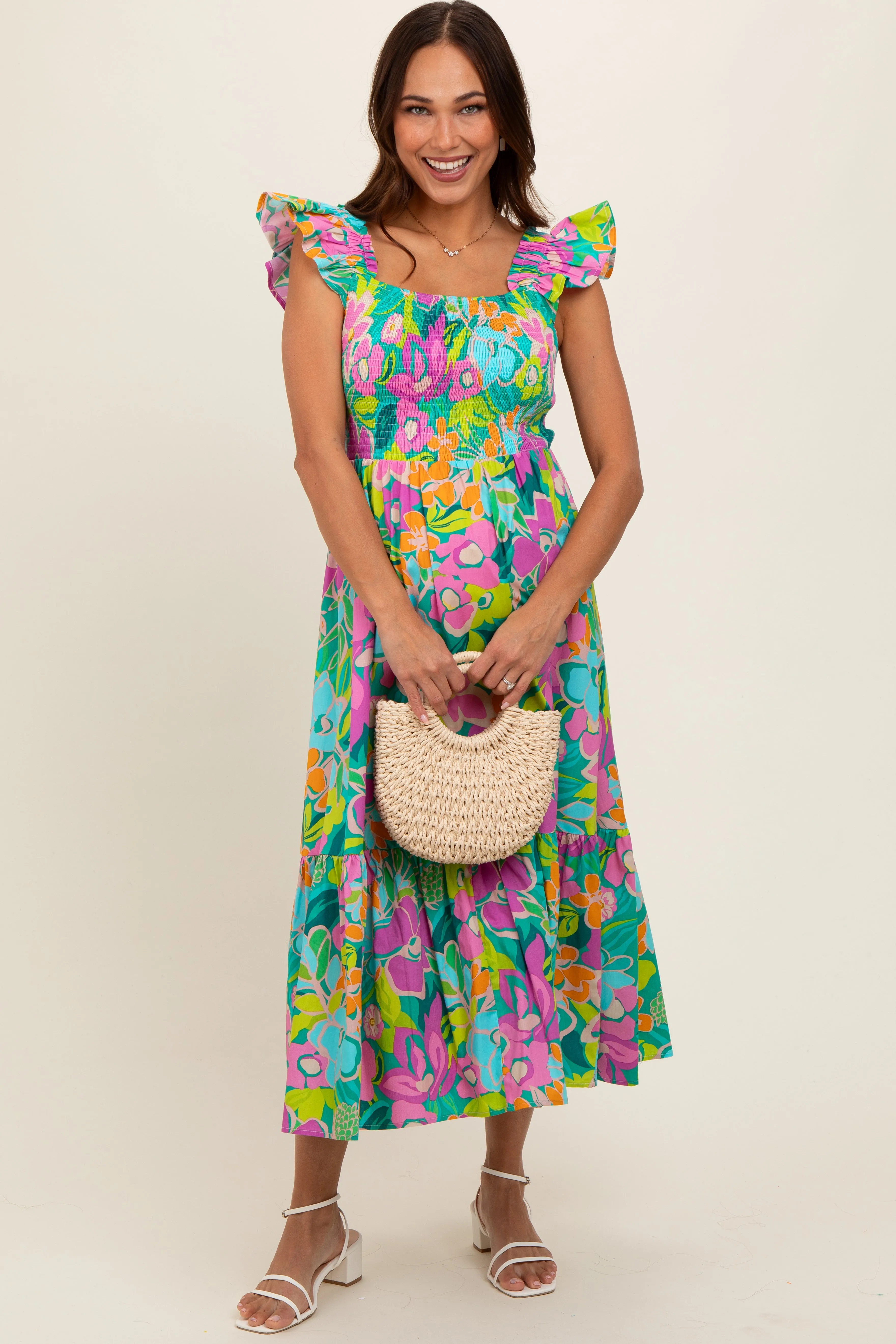 Green Floral Ruffle Shoulder Smocked Maternity Midi Dress sold by Pinkblush product image thumbnail 2