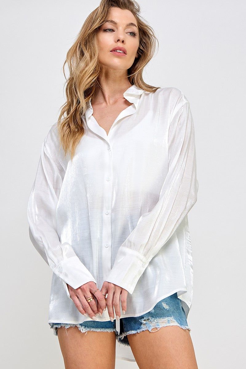 White Shimmer Satin Button Up Long Sleeve Blouse sold by Pinkblush