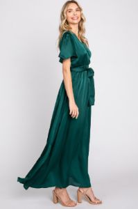 Green Satin Wrap Front V-Neck Short Sleeve Side Slit Maxi Dress sold by Pinkblush