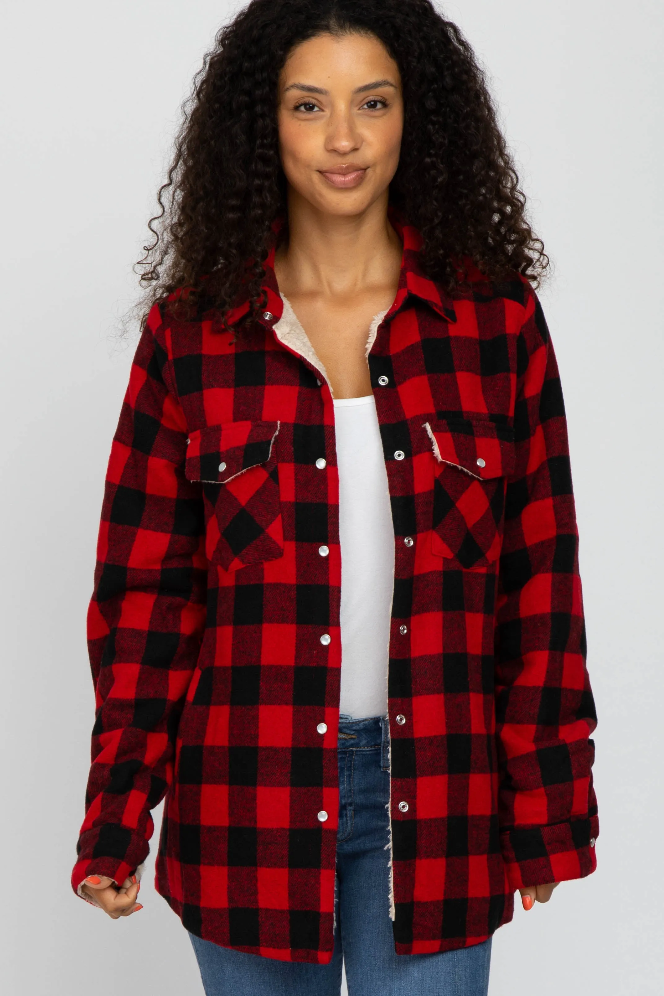 Red Black Plaid Sherpa Lined Jacket sold by Pinkblush