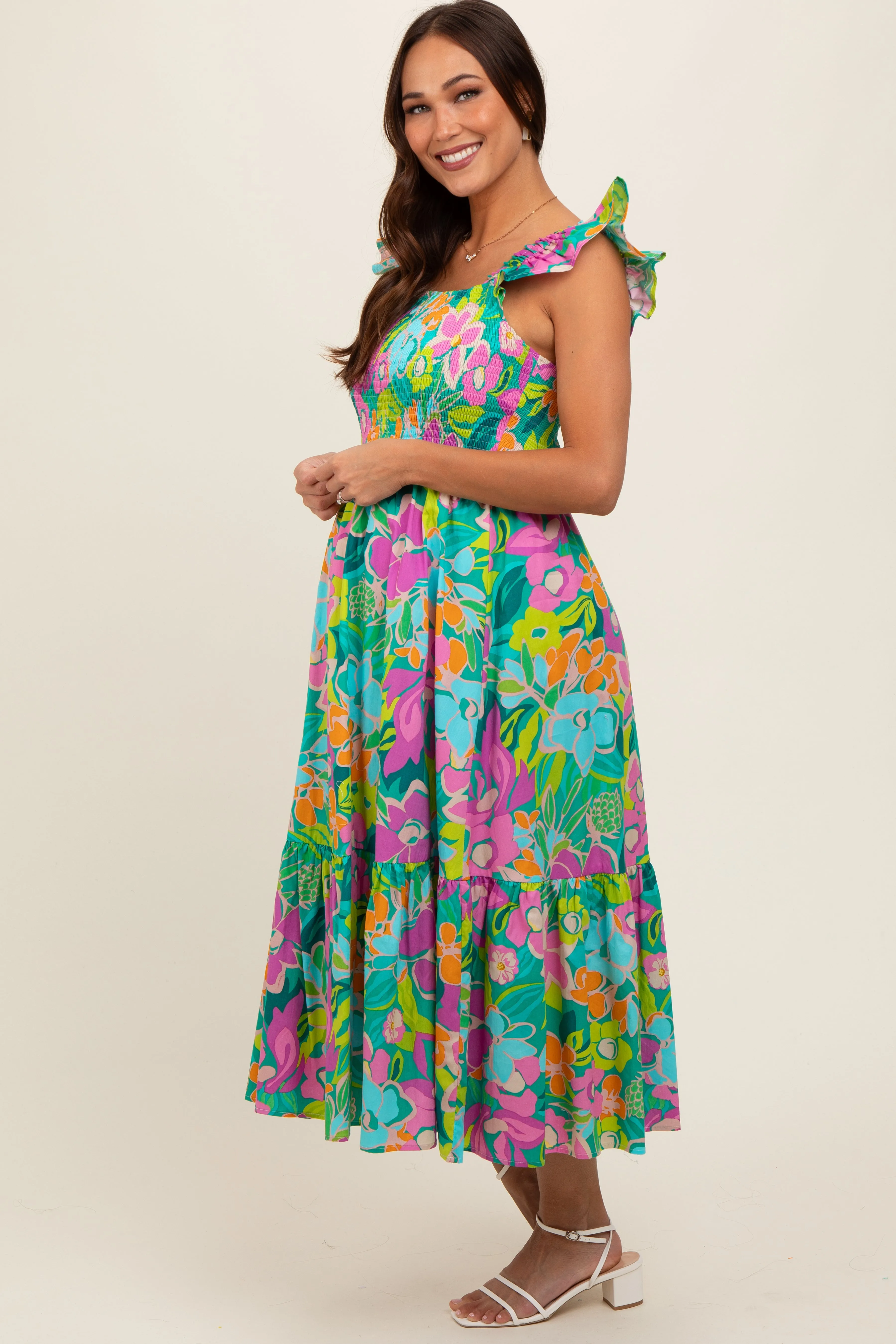 Green Floral Ruffle Shoulder Smocked Maternity Midi Dress sold by Pinkblush product image thumbnail 3