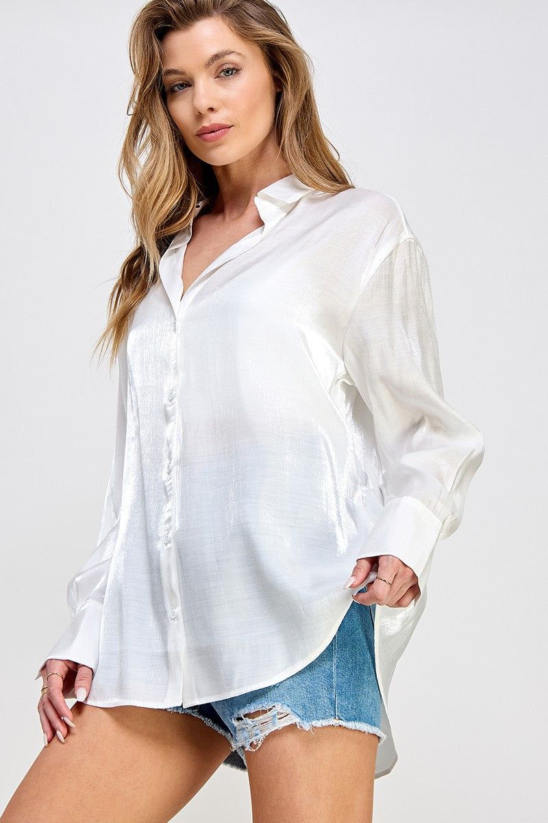 White Shimmer Satin Button Up Long Sleeve Blouse sold by Pinkblush product image thumbnail 2