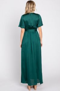 Green Satin Wrap Front V-Neck Short Sleeve Side Slit Maxi Dress sold by Pinkblush