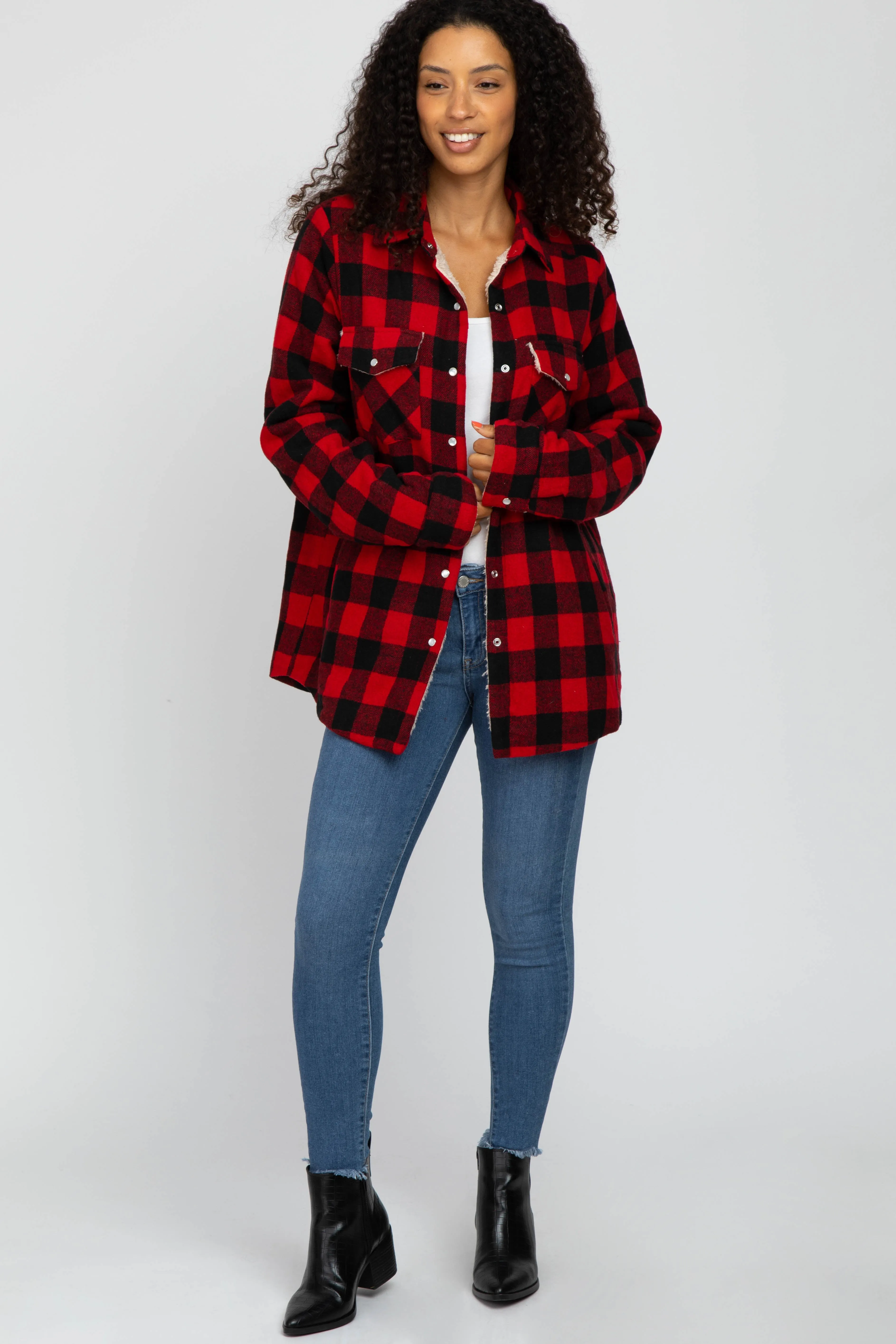 Red Black Plaid Sherpa Lined Jacket sold by Pinkblush product image thumbnail 2