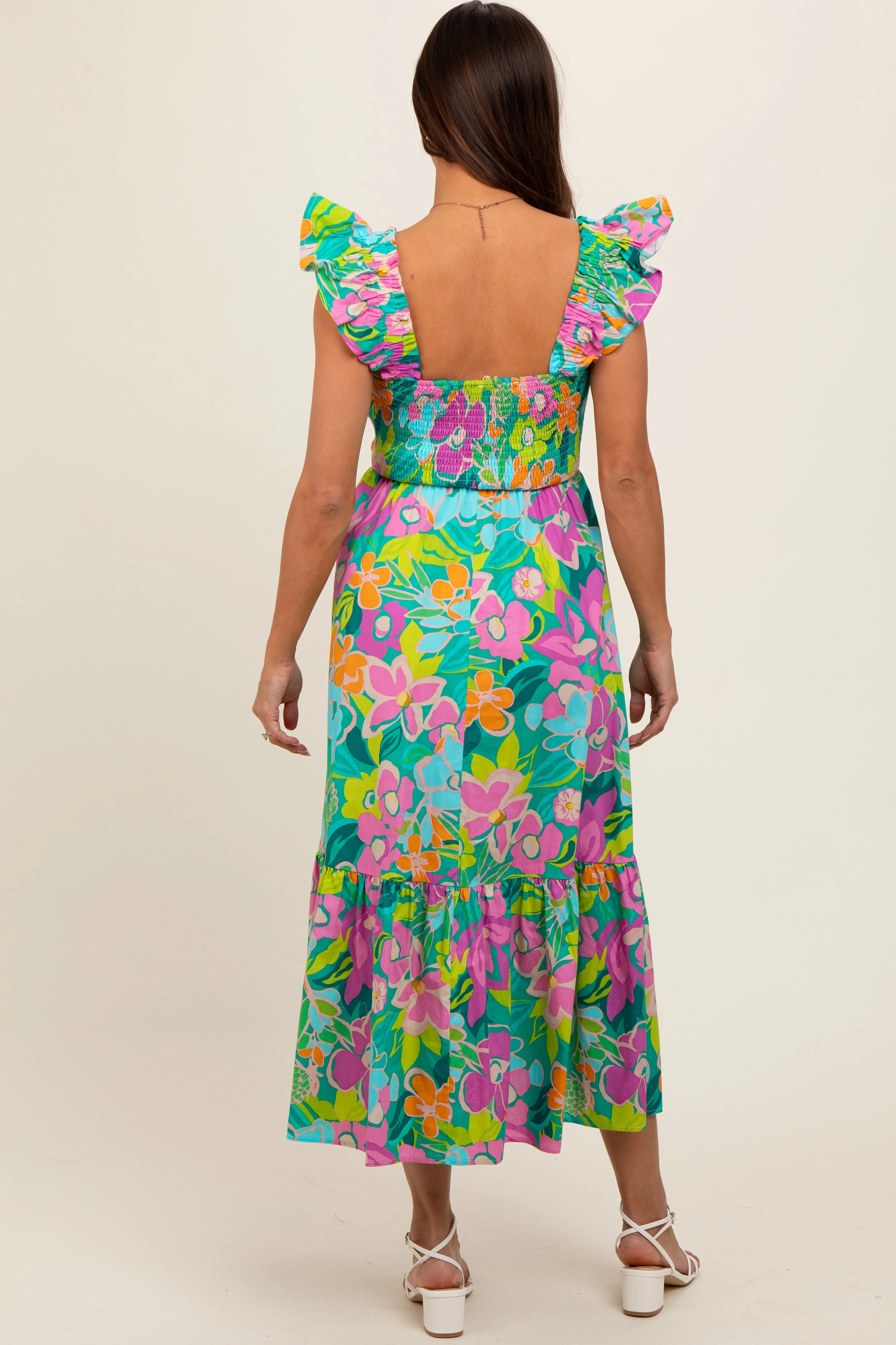 Green Floral Ruffle Shoulder Smocked Maternity Midi Dress sold by Pinkblush product image thumbnail 4