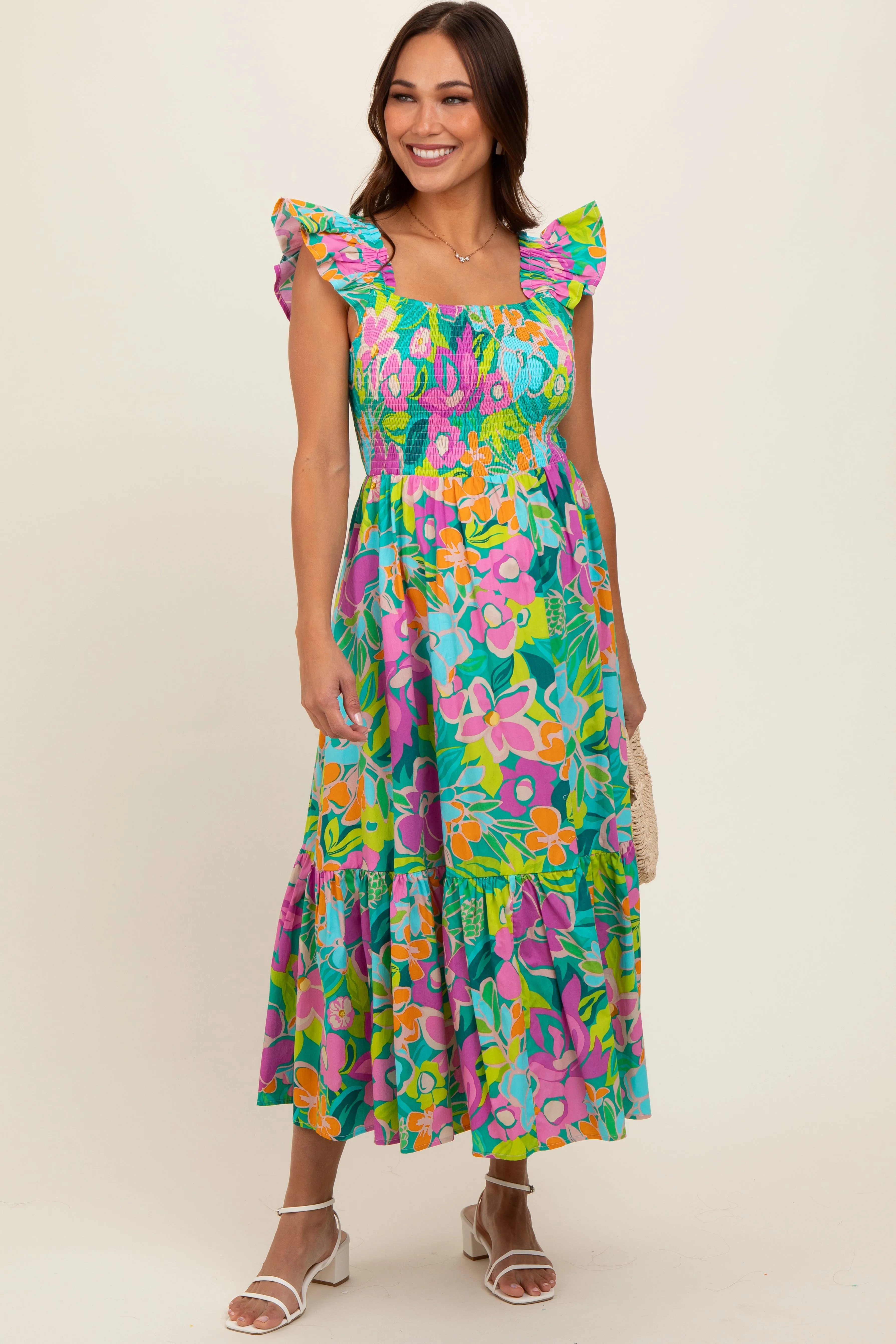 Green Floral Ruffle Shoulder Smocked Maternity Midi Dress sold by Pinkblush