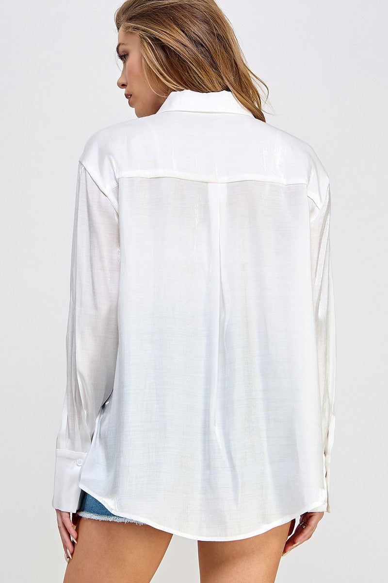 White Shimmer Satin Button Up Long Sleeve Blouse sold by Pinkblush product image thumbnail 3
