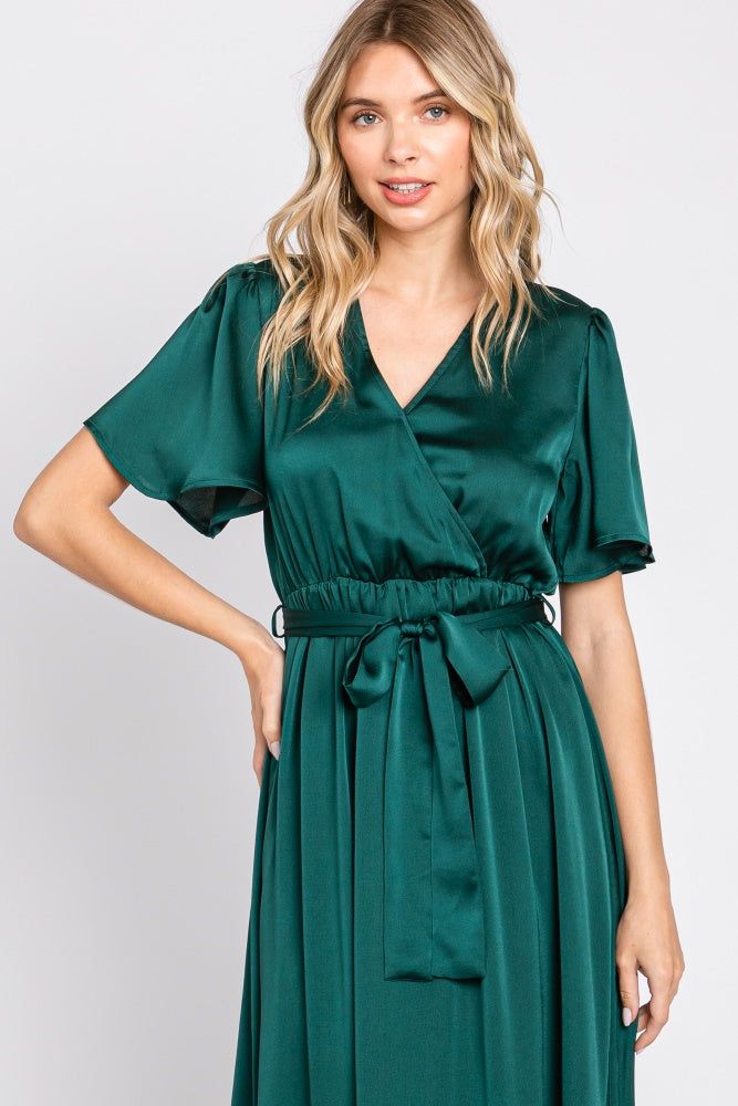 Green Satin Wrap Front V-Neck Short Sleeve Side Slit Maxi Dress sold by Pinkblush product image thumbnail 4