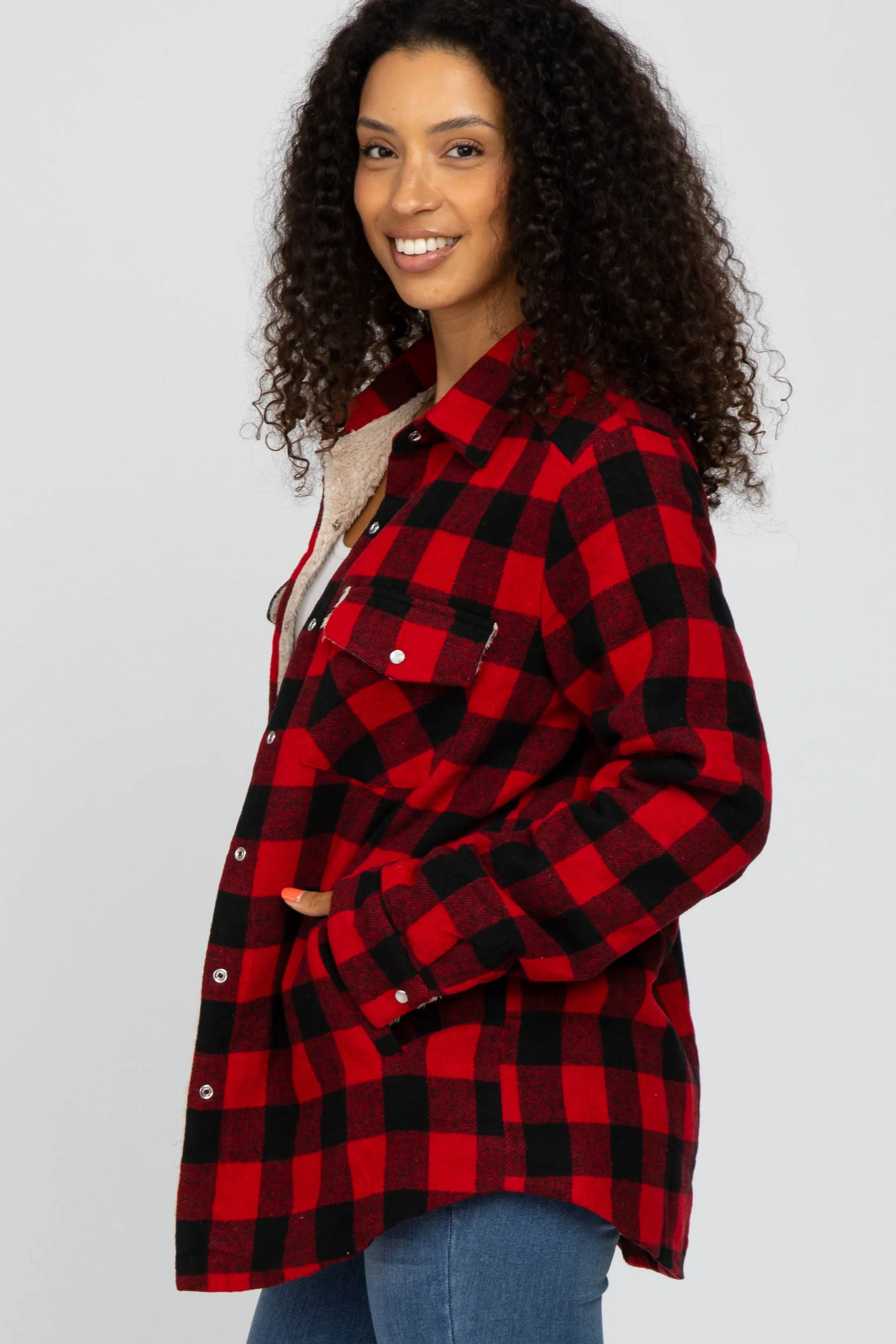 Red Black Plaid Sherpa Lined Jacket sold by Pinkblush product image thumbnail 3