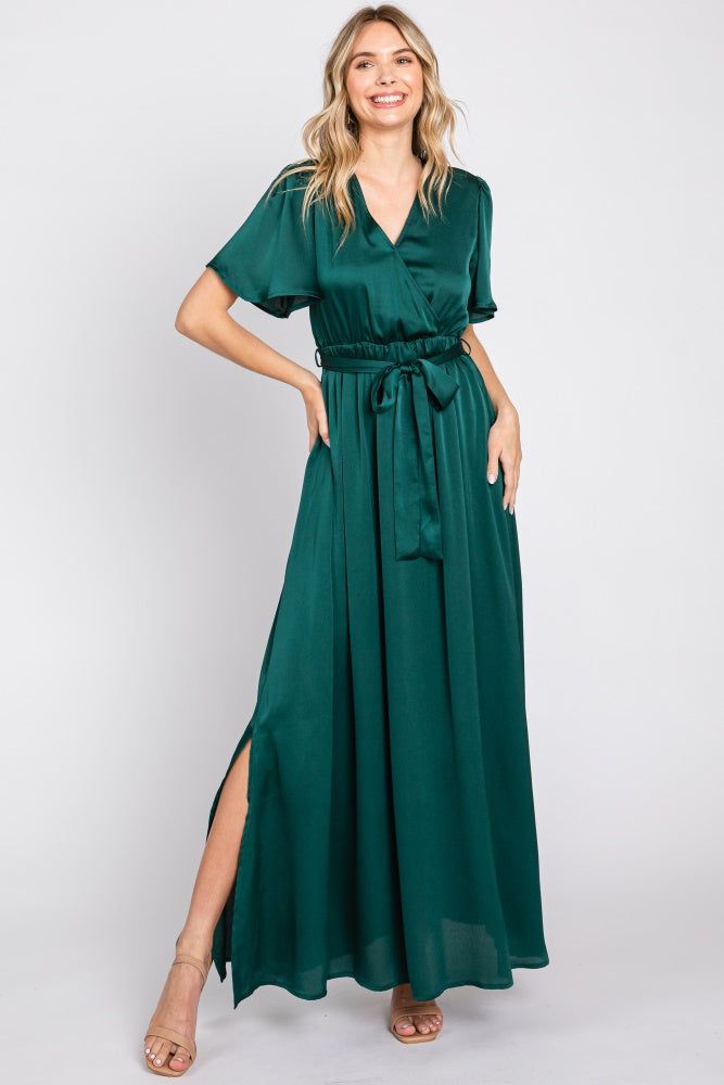 Green Satin Wrap Front V-Neck Short Sleeve Side Slit Maxi Dress sold by Pinkblush